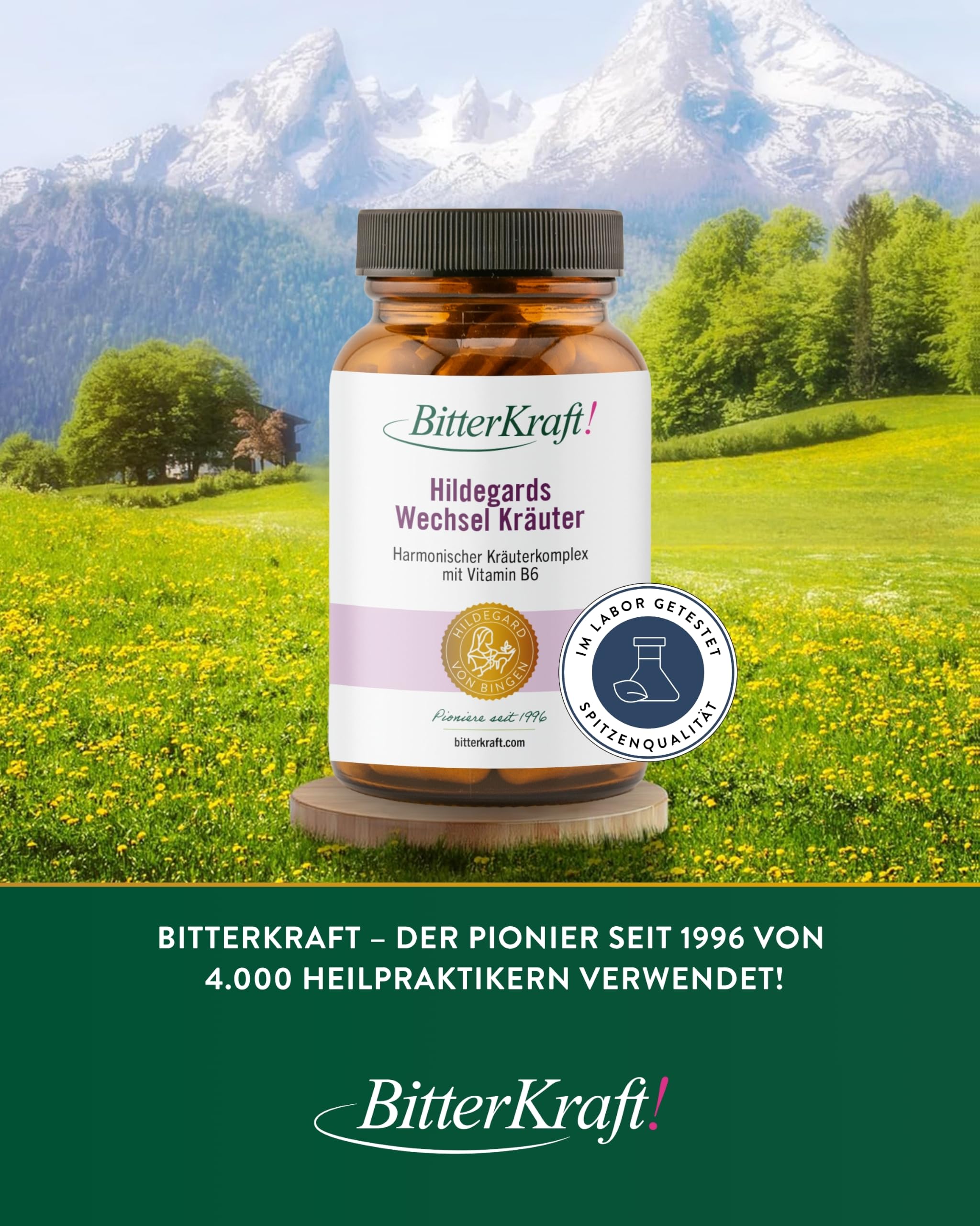 BitterKraft! Wechseljahre-Kapseln 90 Stk – mit Yamswurzel, Rotklee & Baldrian, Eisen, Vitamin B6 B12, Calcium, Folsäure – ohne Zusatzstoffe – natürliche Balance –100% Natur – Vegan - Made in Germany