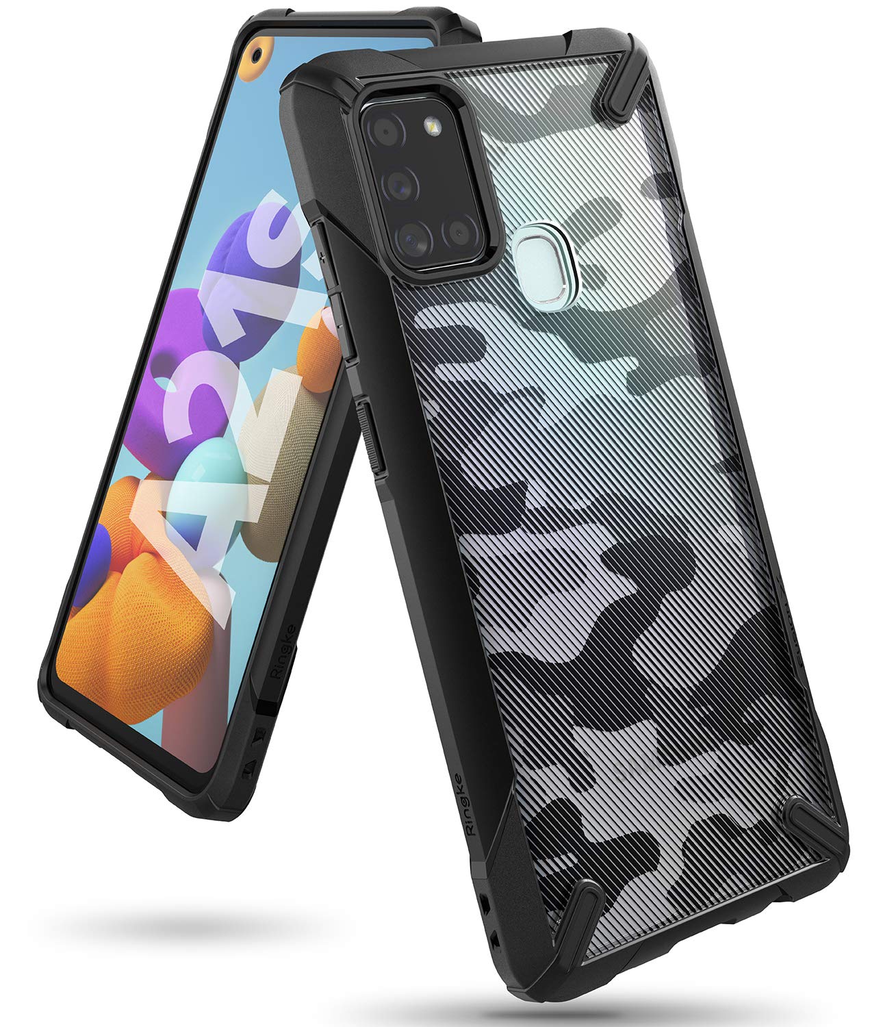 RingkeFusion-X for Samsung Galaxy A21s Case Back Cover, [Military Drop Tested] Camo Hard PC Back TPU Bumper Impact Resistant Protection - Camo Black