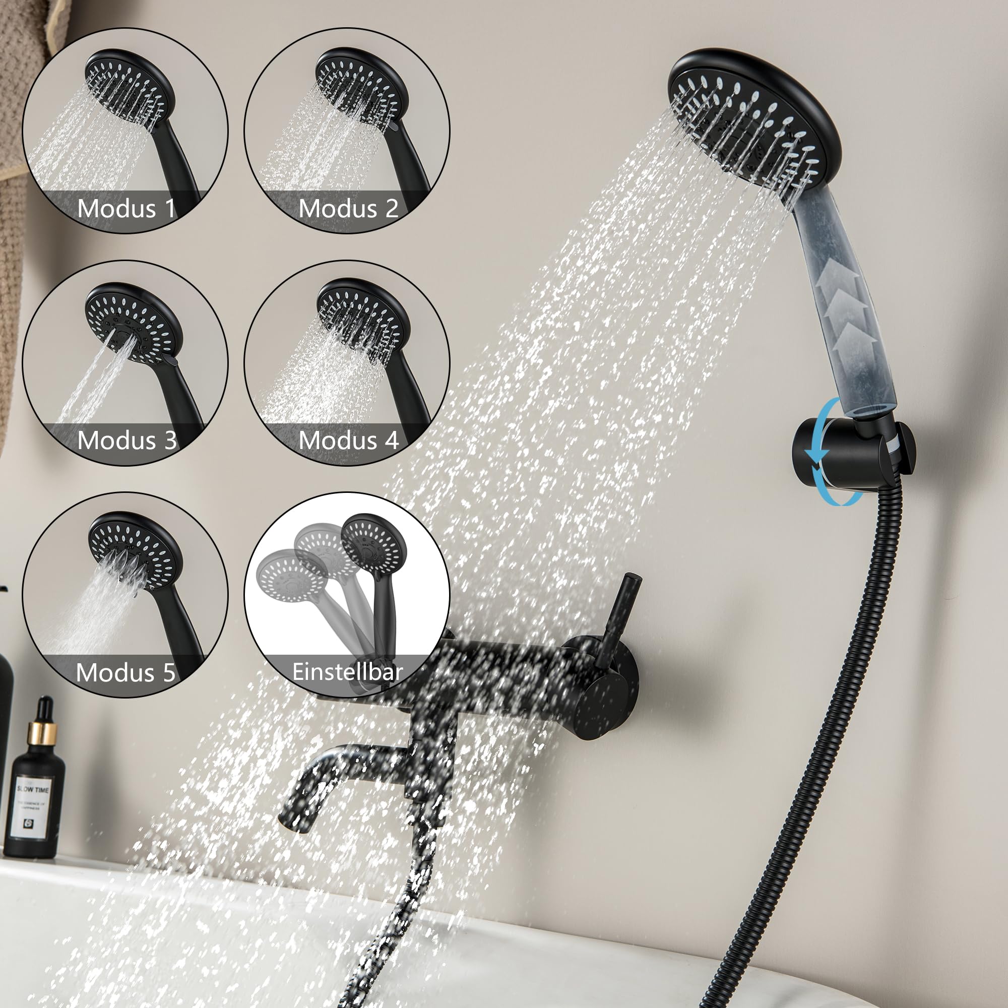Rubinetti per vasca con doccetta Rubinetto per vasca a parete Rubinetto nero per vasca da bagno Bocca girevole a 90 ° con doccetta a 5 funzioni