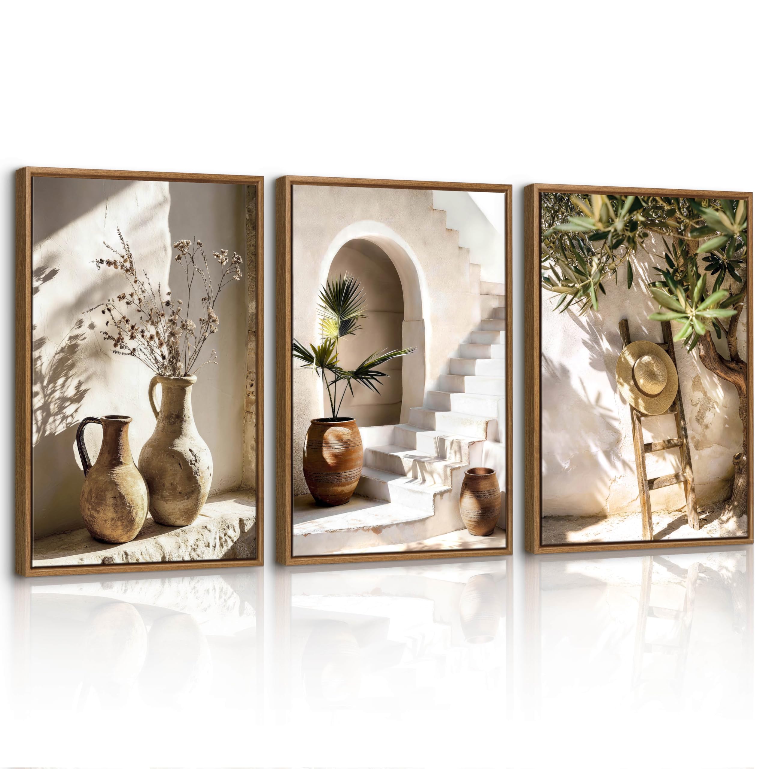 3 Pcs Vintage Plants in a Vase Framed Canvas Wall Art Prints, Farmhouse Rustic Still Life Botanical Canvas Painting Ladder Straw Hat Pictures for Bedroom Walls Home Decor for Living Room 30X40cmX3 Pcs