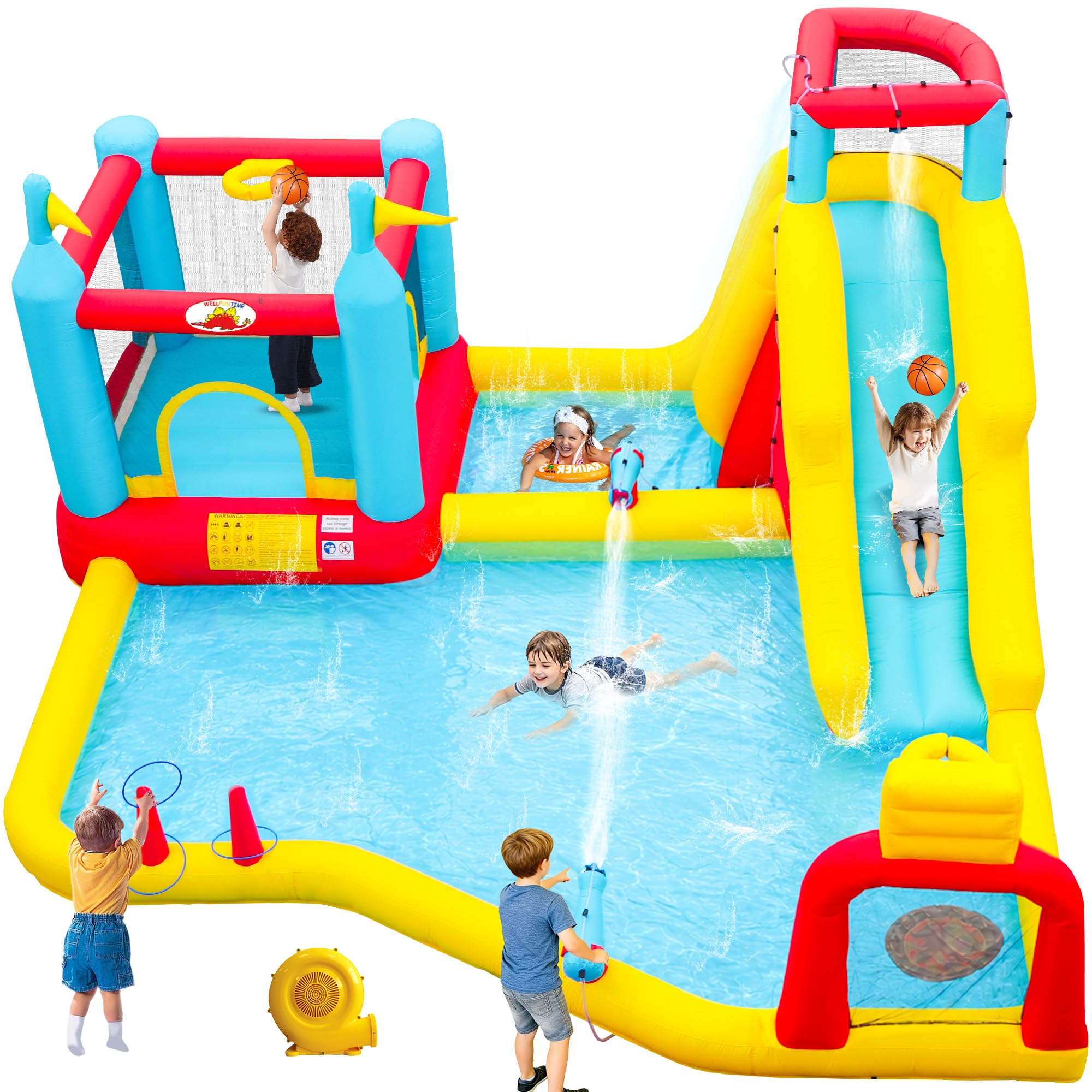WELLFUNTIME Inflatable Water Slide with Blower, 10-in-1 Water Bounce House | Bouncer with Climbing Wall, Two Basketball Rims, Dartboard, Ring Toss, Deep Splash Pool & Water Cannon, 176 x 172 x 84 Inch