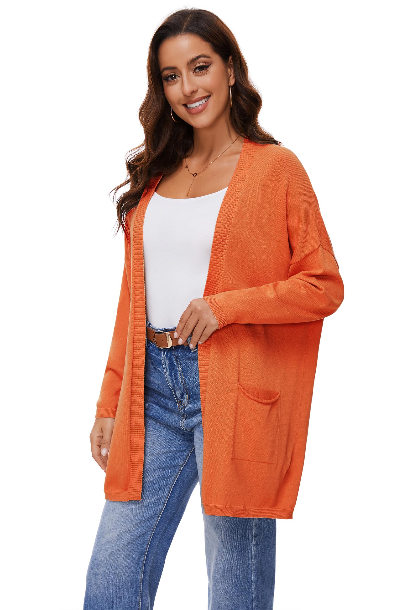 Cárdigan Abierto De Manga Larga 100% Algodón para Mujer con Bolsillos, Suéter Casual Suelto Y Ligero, Naranja, M