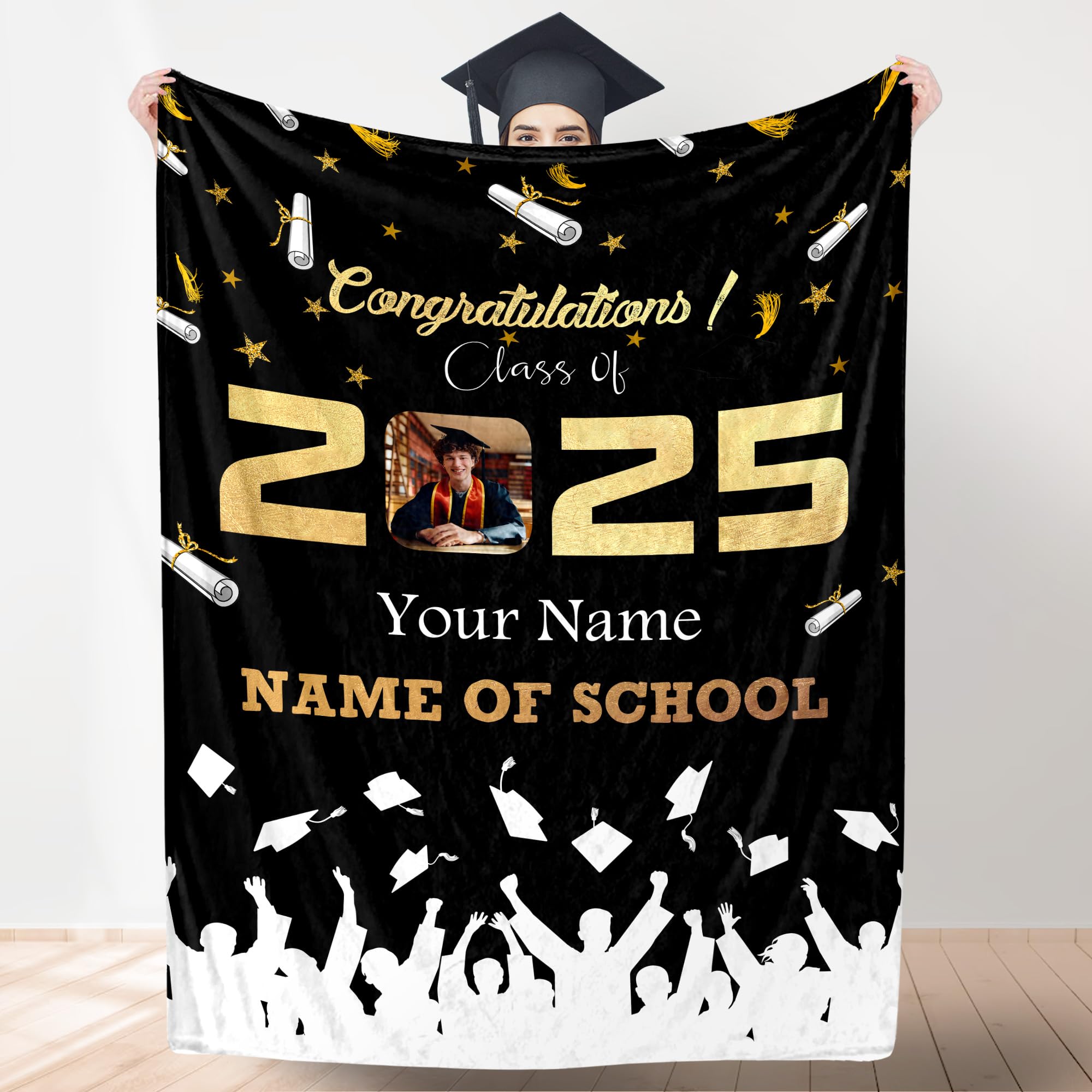 Personalized Graduation Blanket Gifts with Name, Customized Class of 2025 Photo Blanket for Graduation Day, Custom Soft Throw Blankets, Senior 2025