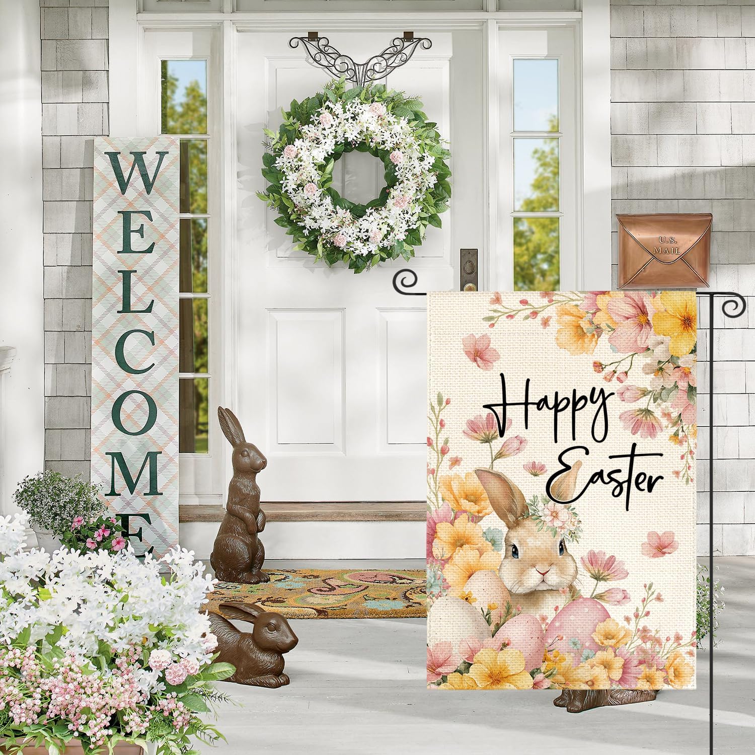 AVOIN colorlife Floral Happy Easter Garden Flag 12x18 Inch Double Sided Outside, Bunny Rabbit Eggs and Flowers Yard Outdoor Flag - Image 4