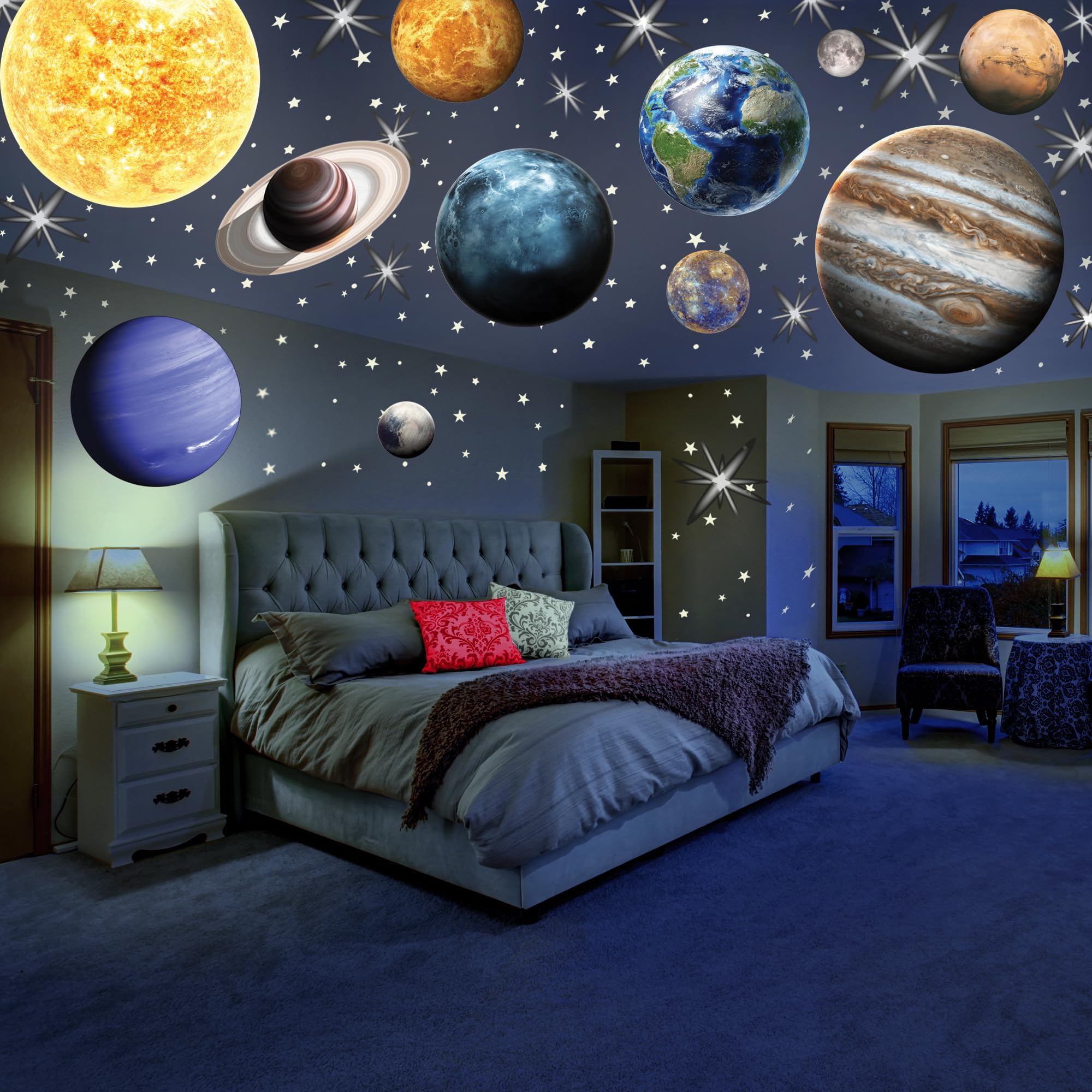 - MAFOX Glow in The Dark Planets, Bright Solar System Wall Stickers -Sun Earth Mars and so on,9 Glowing Ceiling Decals for Bedroom Living Room,Shining Space Decoration for Kids for Girls and Boys