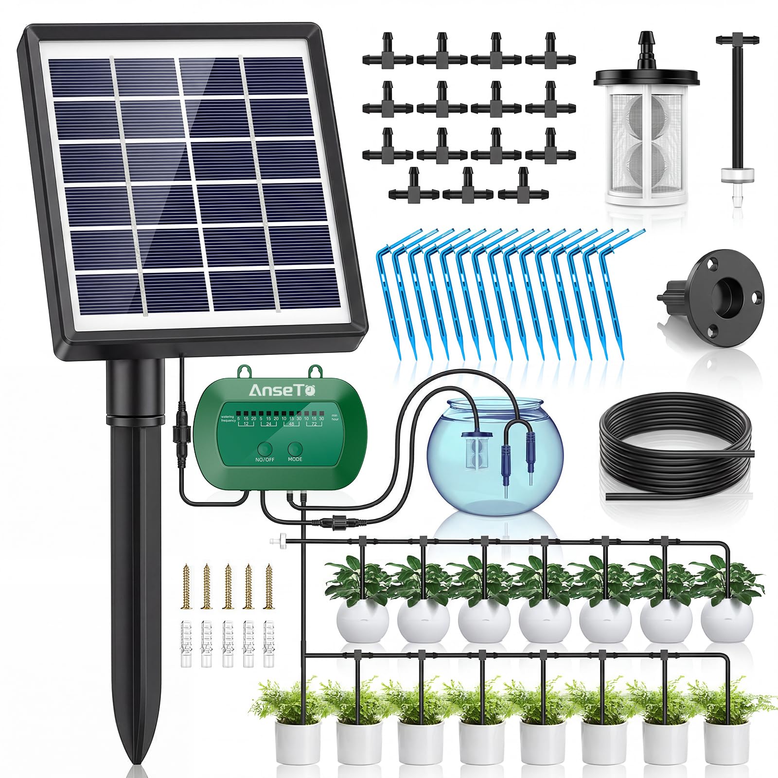 AnseTo 8w Solar Bewässerungssystem, Umweltfreundliches Automatisches Pflanzenbewässerungssystem mit Einstellbarem Bewässerungscomputer und 30 Tropfemittern für Topfpflanzen, Gemüsegärten und Gärten