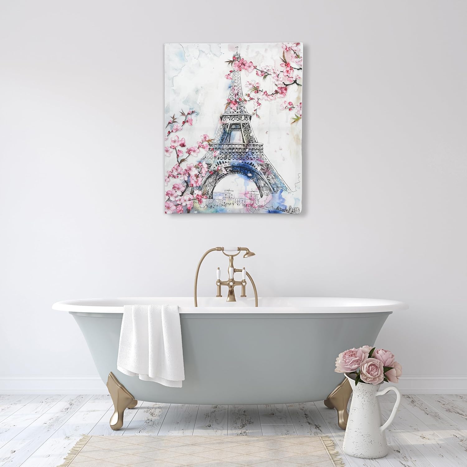 Cherry Blossoms in Paris 16" x 20" Wrapped Canvas Wall Art, Floral Wall Decor for Living Room Bedroom