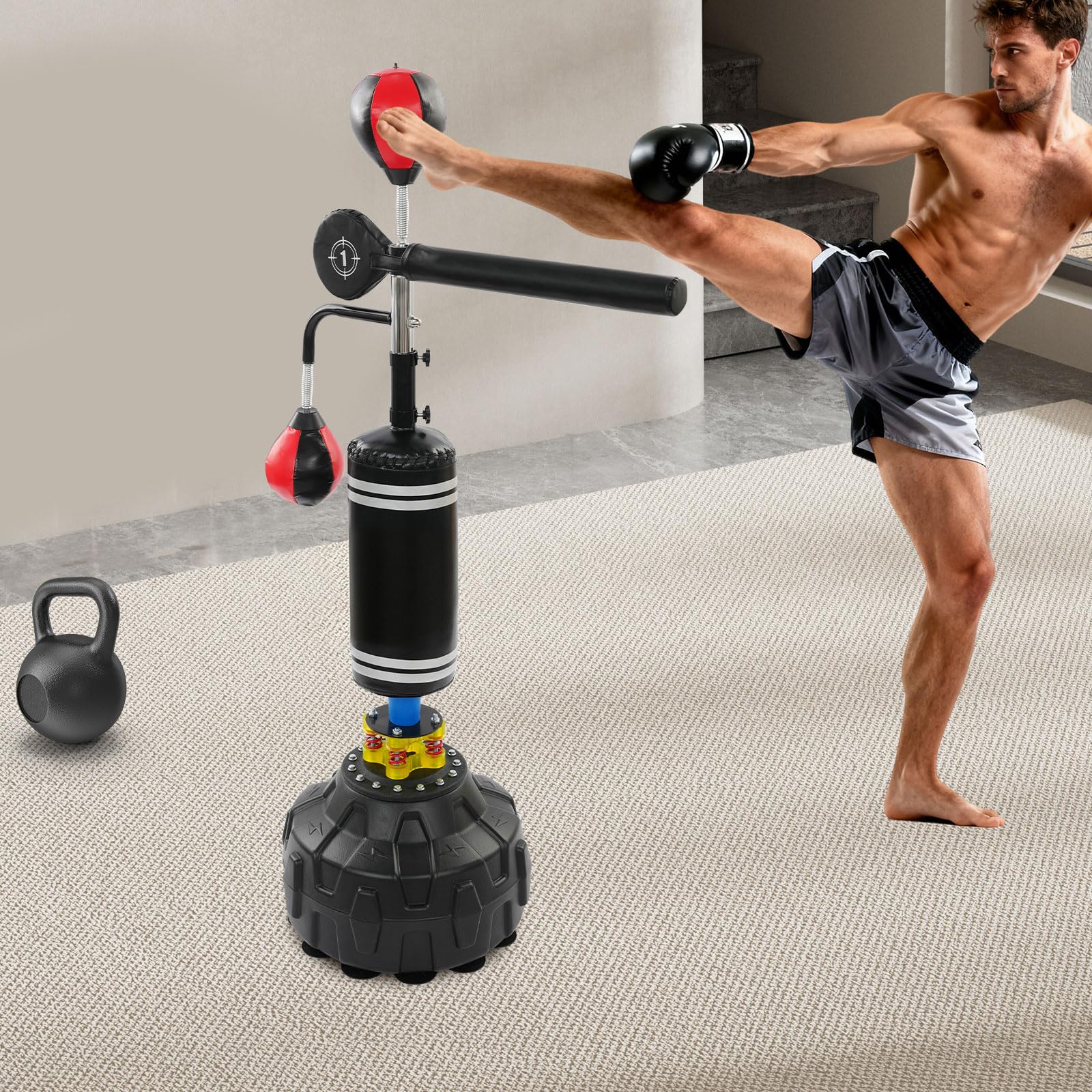 Sac de frappe sur pied 4 en 1, avec poire de vitesse et barre réfléchissante, hauteur réglable de 1,6 à 2,1 m, autonome avec base à ventouse, station de boxe pour adultes et adolescents, kickboxing