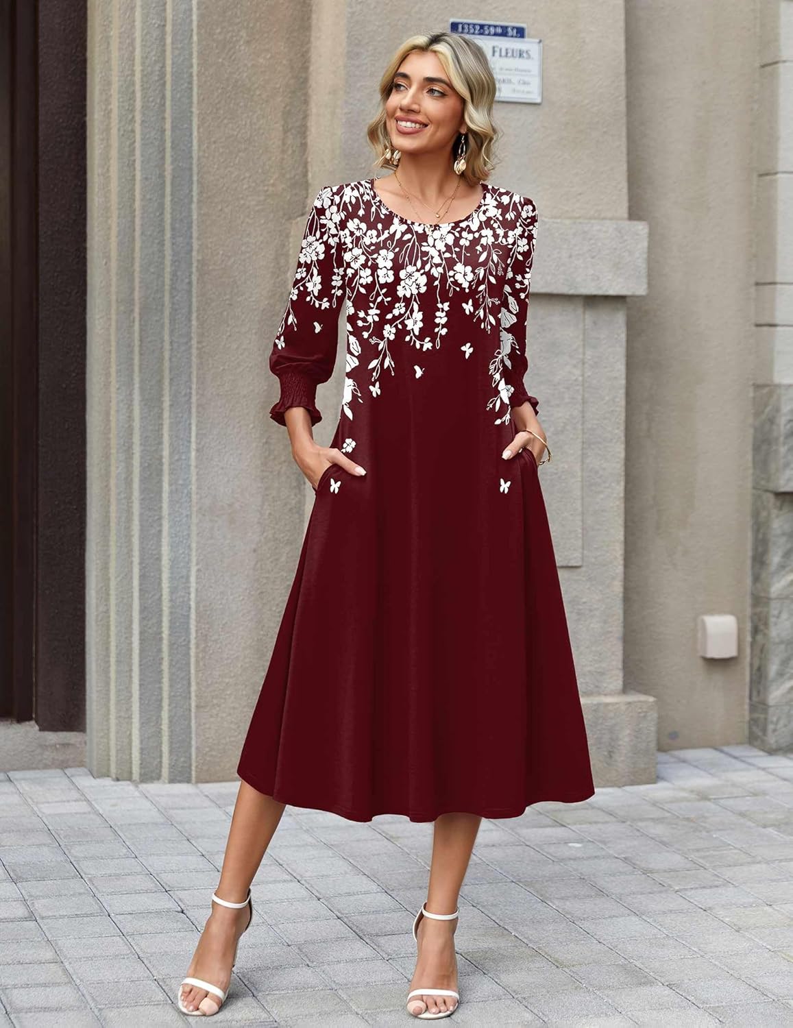 Zeagoo Summer Dresses for Women 2026 3/4 Sleeve Dress for Women Floral Midi Dresses for Casual Womens Dresses with Pockets - Image 4
