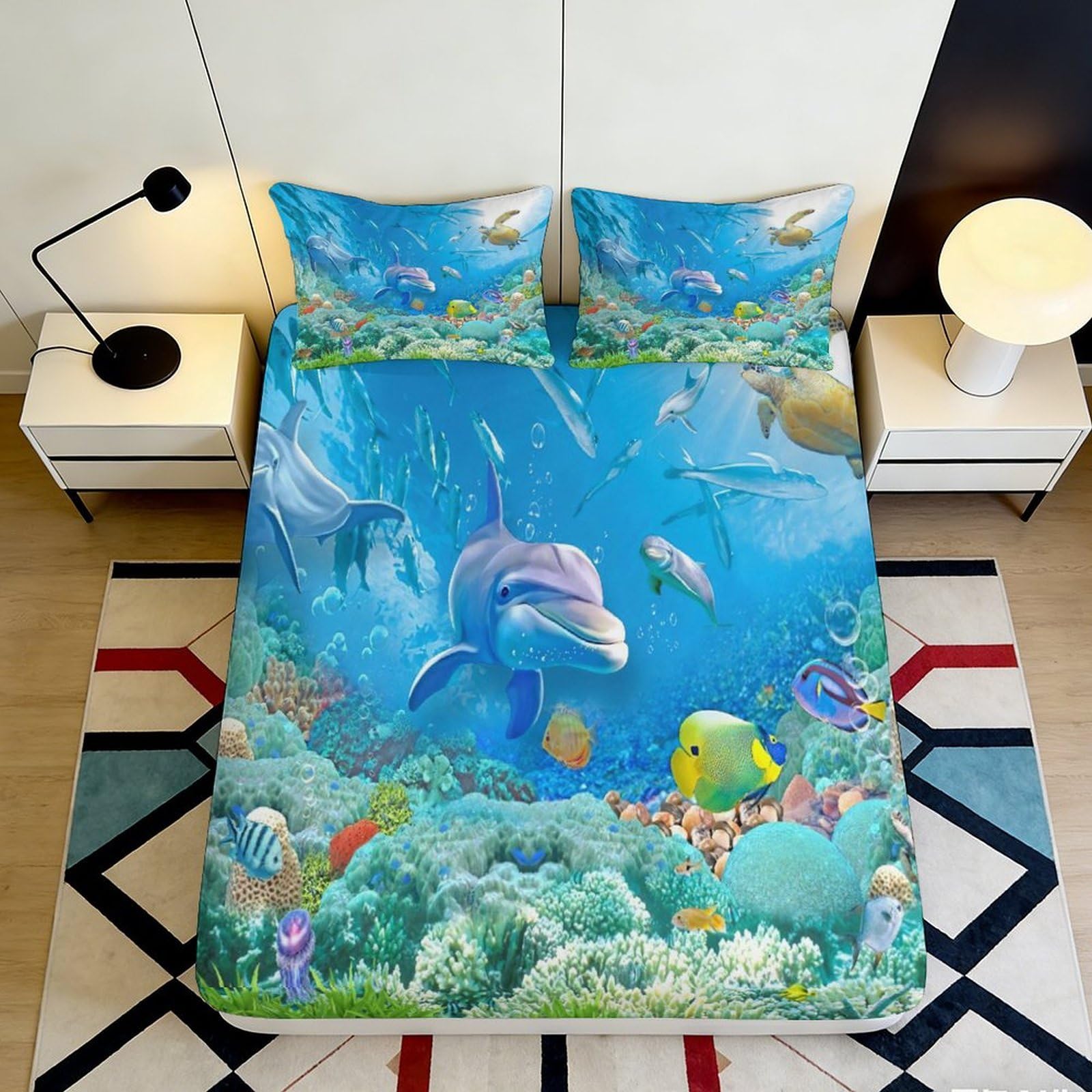 3D Printed Ocean Dolphin Fitted Sheet Microfiber Soft Breathable Coral Reef Bed Cover for Bedroom Dorm Decor 90x200x25cm