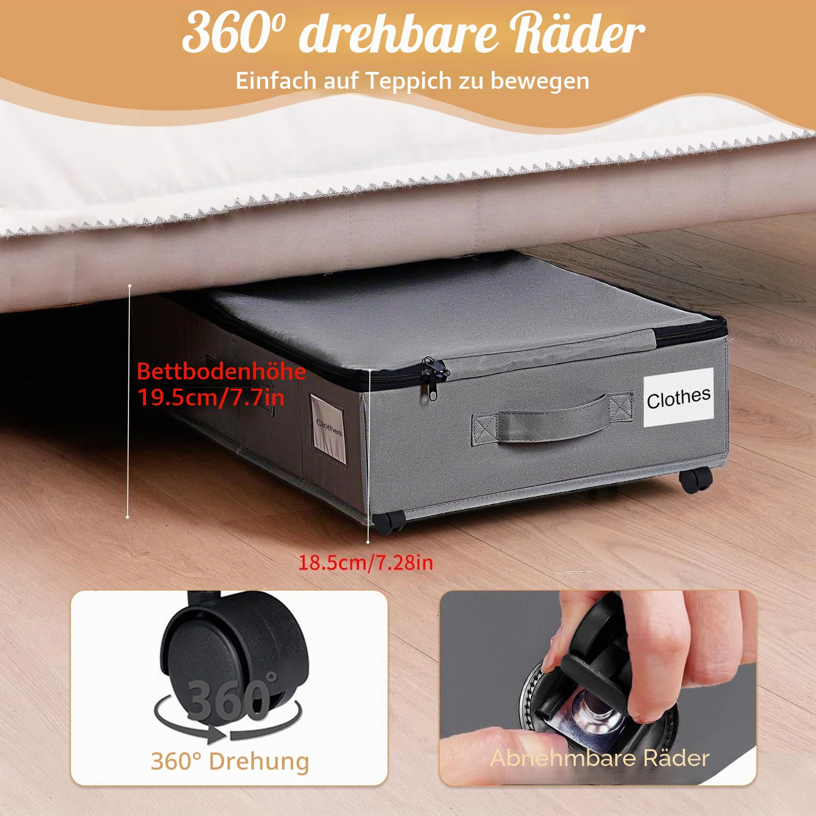 60L 2 Stück Unterbettkommode groß mit 6 Rollen, Wasserdichtes 600D Oxford-Gewebe Unterbett Aufbewahrungsbox, Staubdicht Bettdecken Aufbewahrung für Kleidung