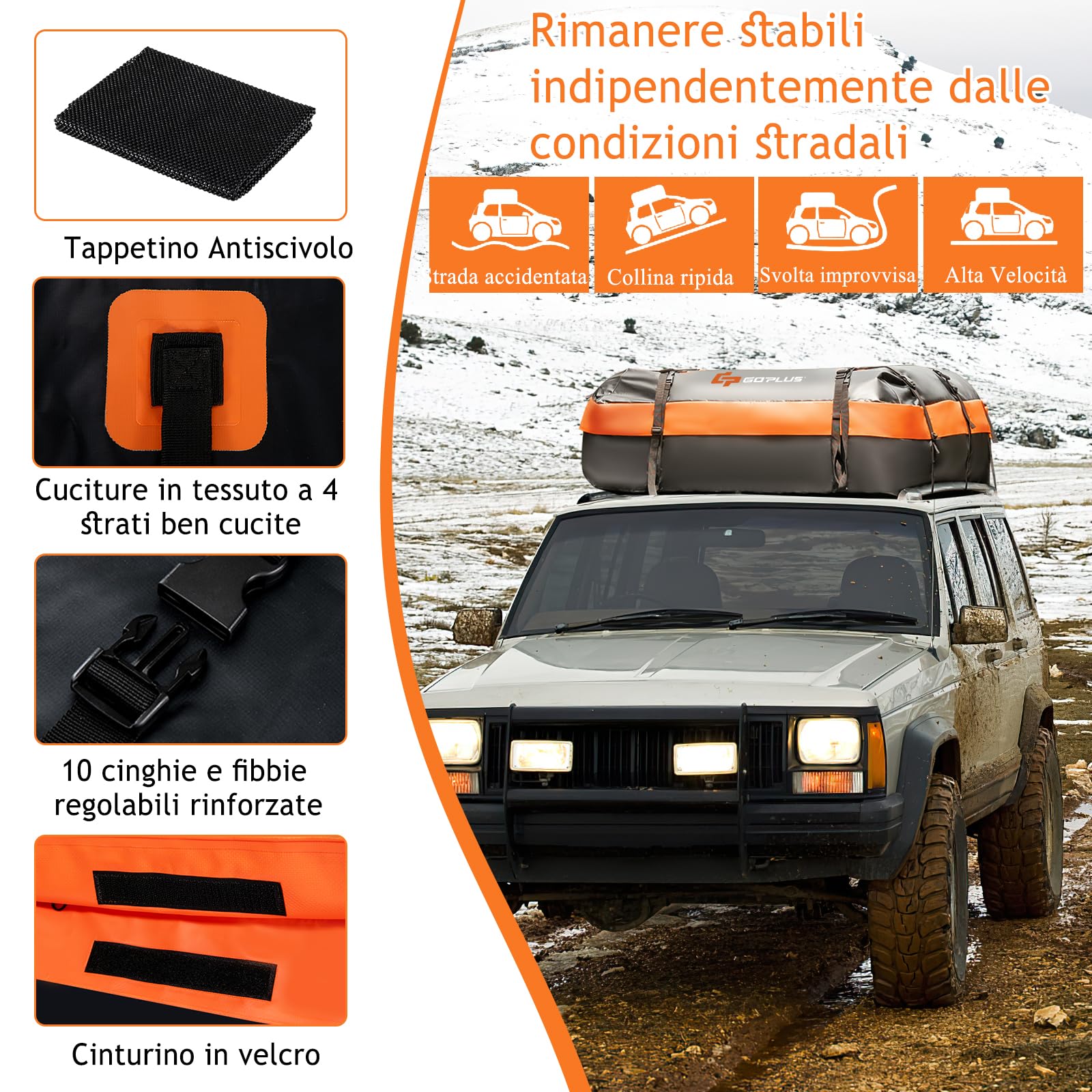 GYMAX 600L Borsa da Tetto per Auto, Design Impermeabile con 10 Cinghie Rinforzate, 6 Ganci per Porta, Tappetino Antiscivolo e Borsa di Stoccaggio, 132 x 100 x 43 cm