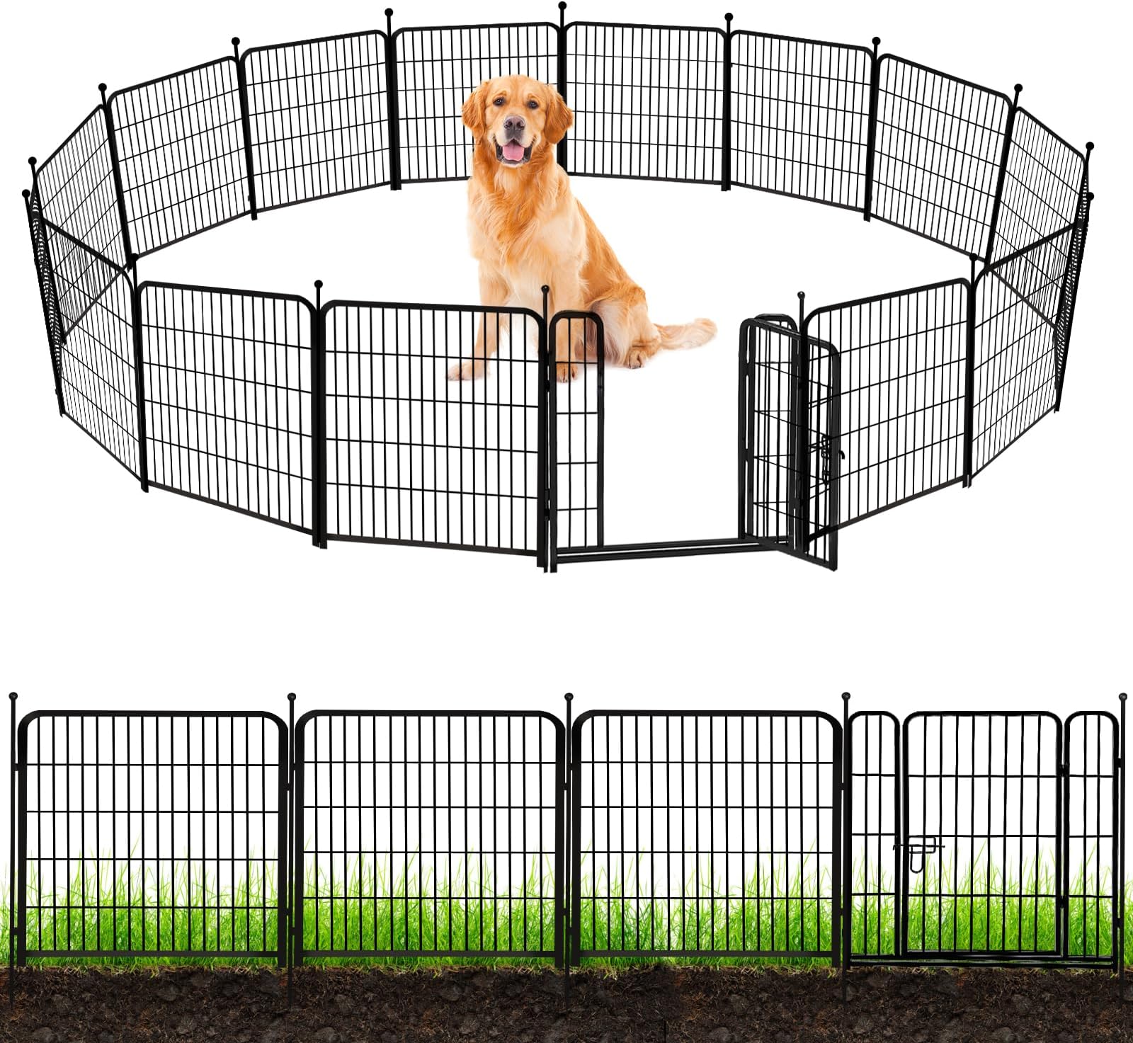 ADAVIN Garden Fence 32 in(H) x 35.4 ft(L) 16 Panels for Camping, Black Heavy Duty Iron Metal Animal Barrier Fence, Rabbit Fence for Yard, Indoor Dog Playpen, Temporary Flower Bed Fencing Border,Black