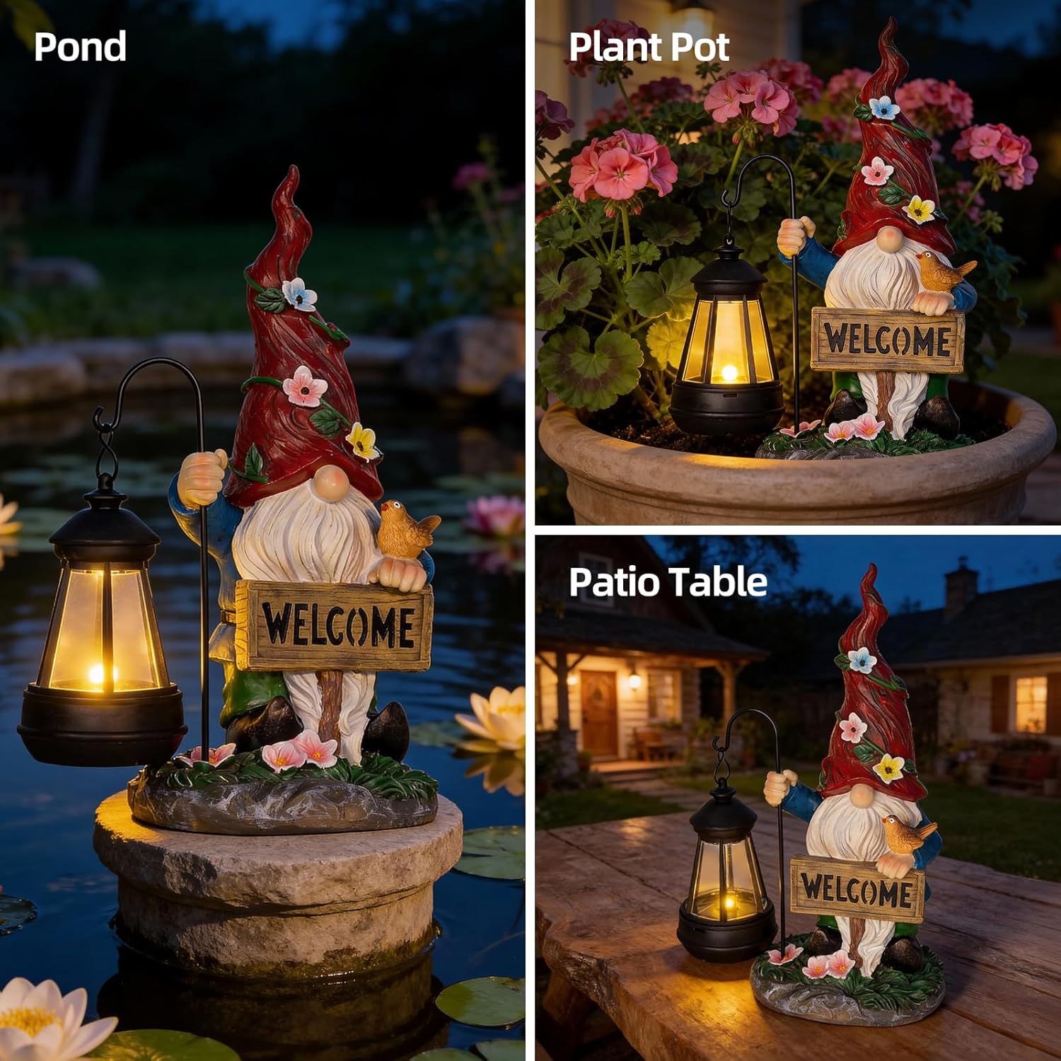 Garden Decor Gnomes Outdoor Statue with Solar Lights-Solar Garden Gnomes Decorations for Patio Lawn Yard Balcony with Lantern,Welcome Sign with Butterfly Flower, Birthday Gifts for Women Mom Grandma - Image 6