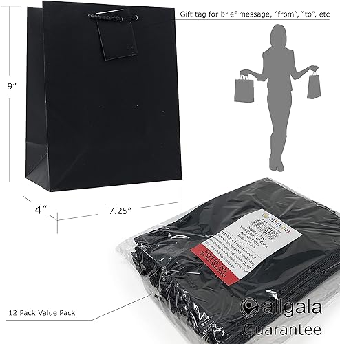 Miniatura 2 de allgala Bolsas de regalo, paquete de 12 bolsas de regalo duraderas de 9 x 7 x 4 pulgadas, color negro, con asas, para cumpleaños, bodas, suministros