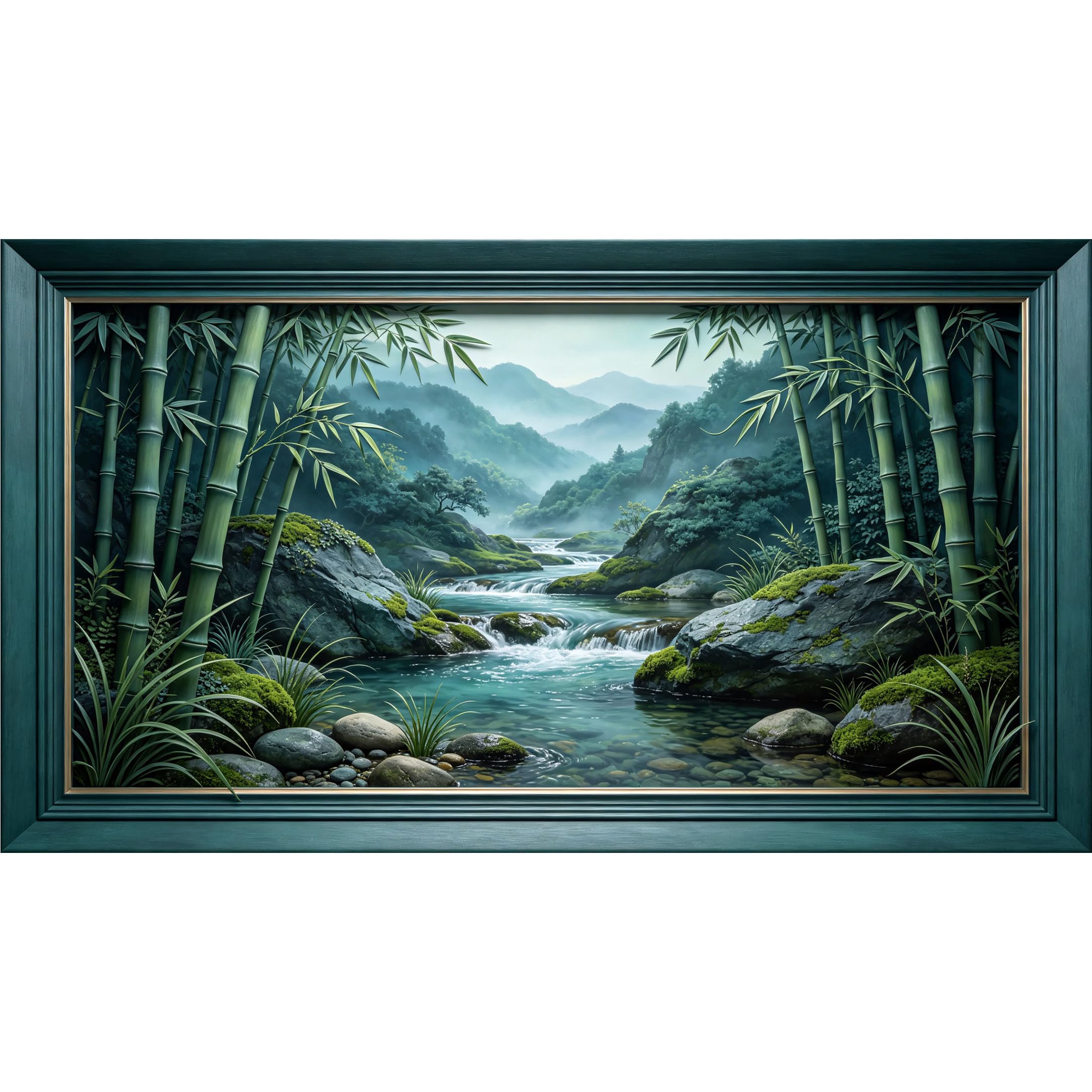 QZLITHOTIC 50×90cm3D Framed Wall Art， Mist Bamboo Forest Mountain River Scenic Landscape Self?Adhesive Mural， Water?Activated Peel & Stick Fabric Decor Wall Decal for Bedroom Living Room