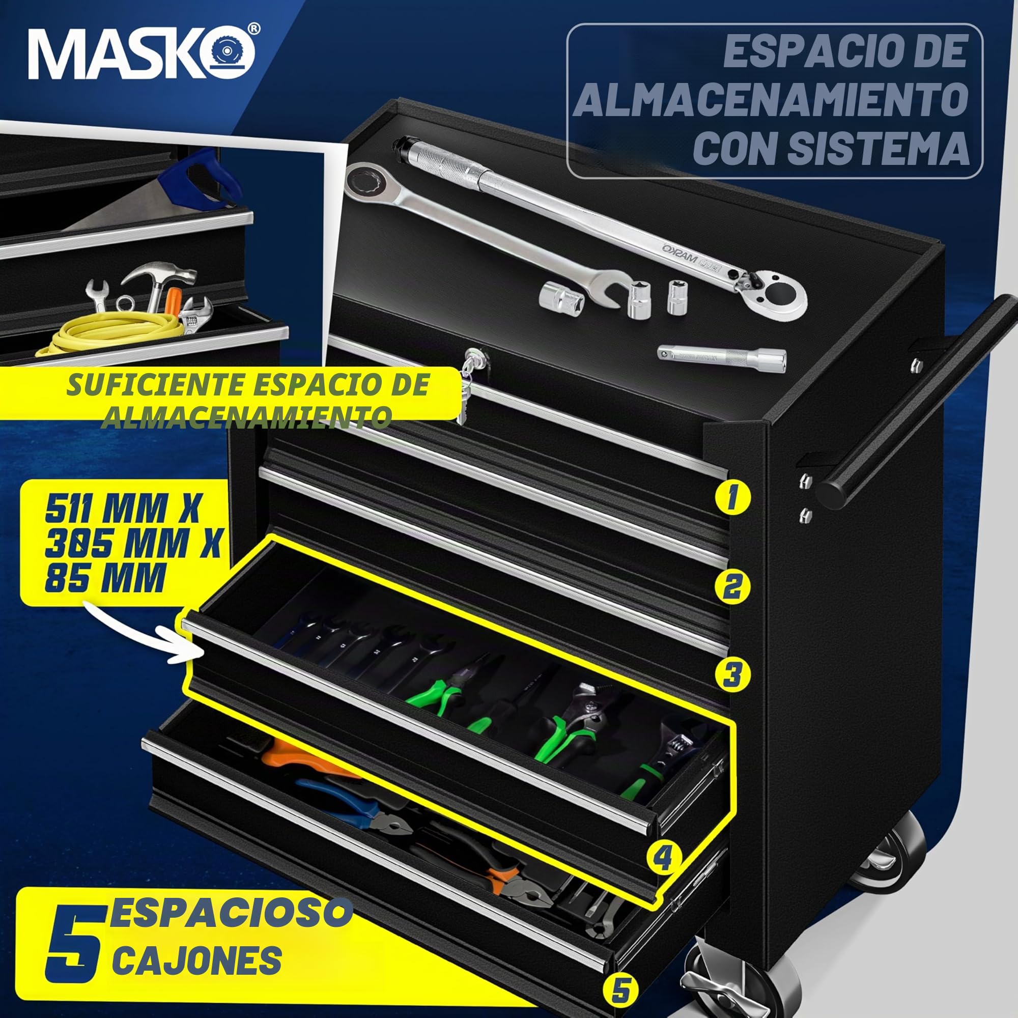 Masko® - Carro de taller con ruedas, carro de herramientas, caja de herramientas, 5 y 7 compartimentos