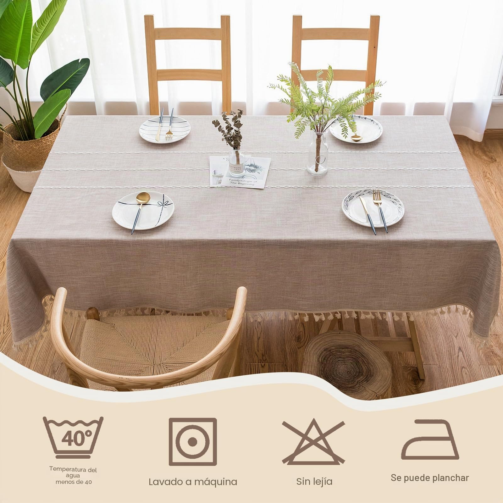 Pahajim Mantel Rectangular Impermeable Antimanchas de Algodón y Lino Manteles Lavable Raya Patrón Diseño de Borlas para Decoracion Mesa Comedor(Beige, 140 x 220 cm)