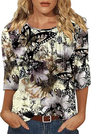 KISSMODA Tunic Tops for Women Loose Fit Dressy Round Neck Pleated 3/4 Length Sleeve Spring Tops