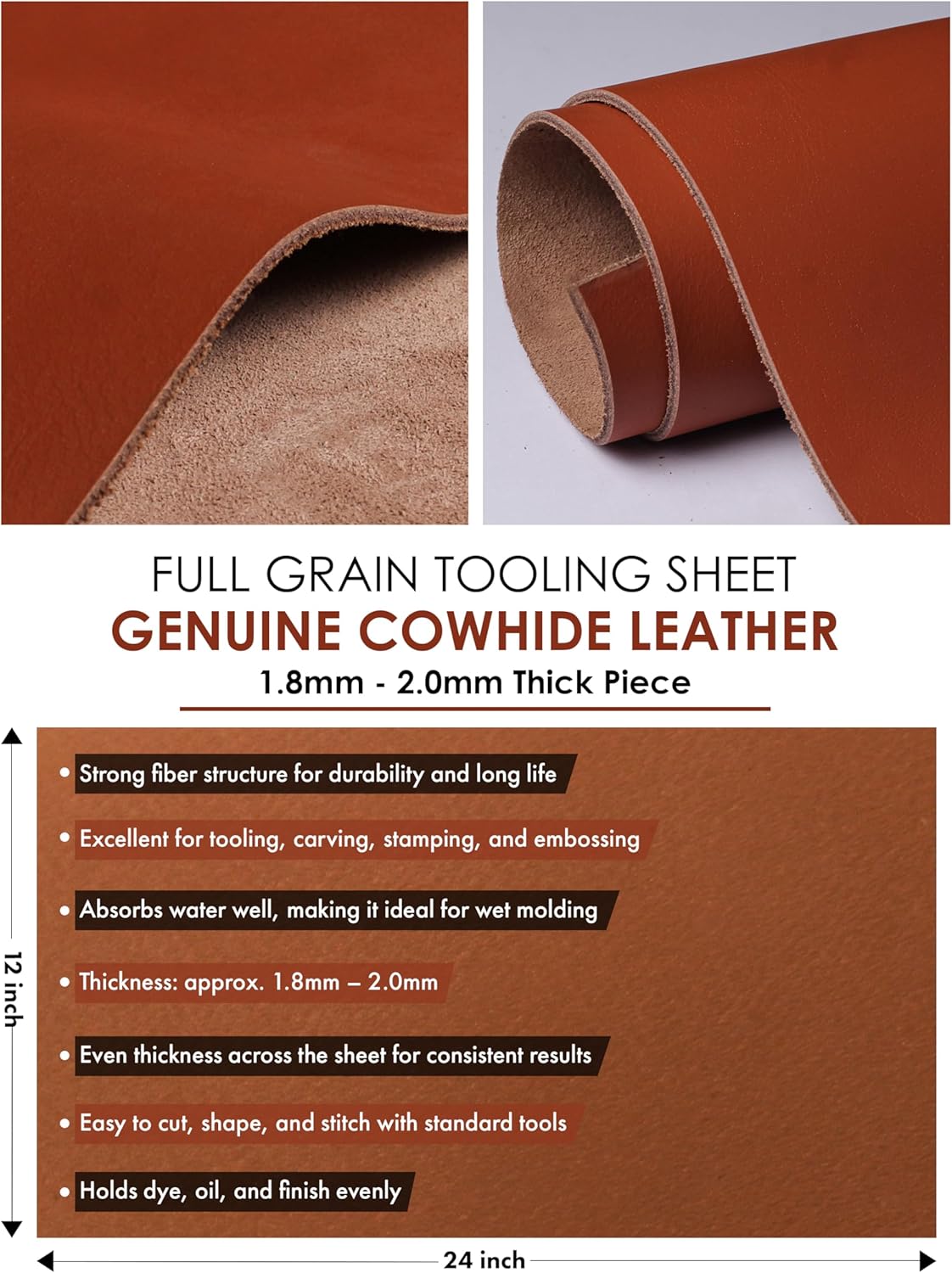 Tooling Leather Full Grain Sheets Genuine Cowhide Leather 1.8mm-2.0mm Thick Piece for Leatherworking, Sewing Hobby, Crafting Leather Brown 24"x12"