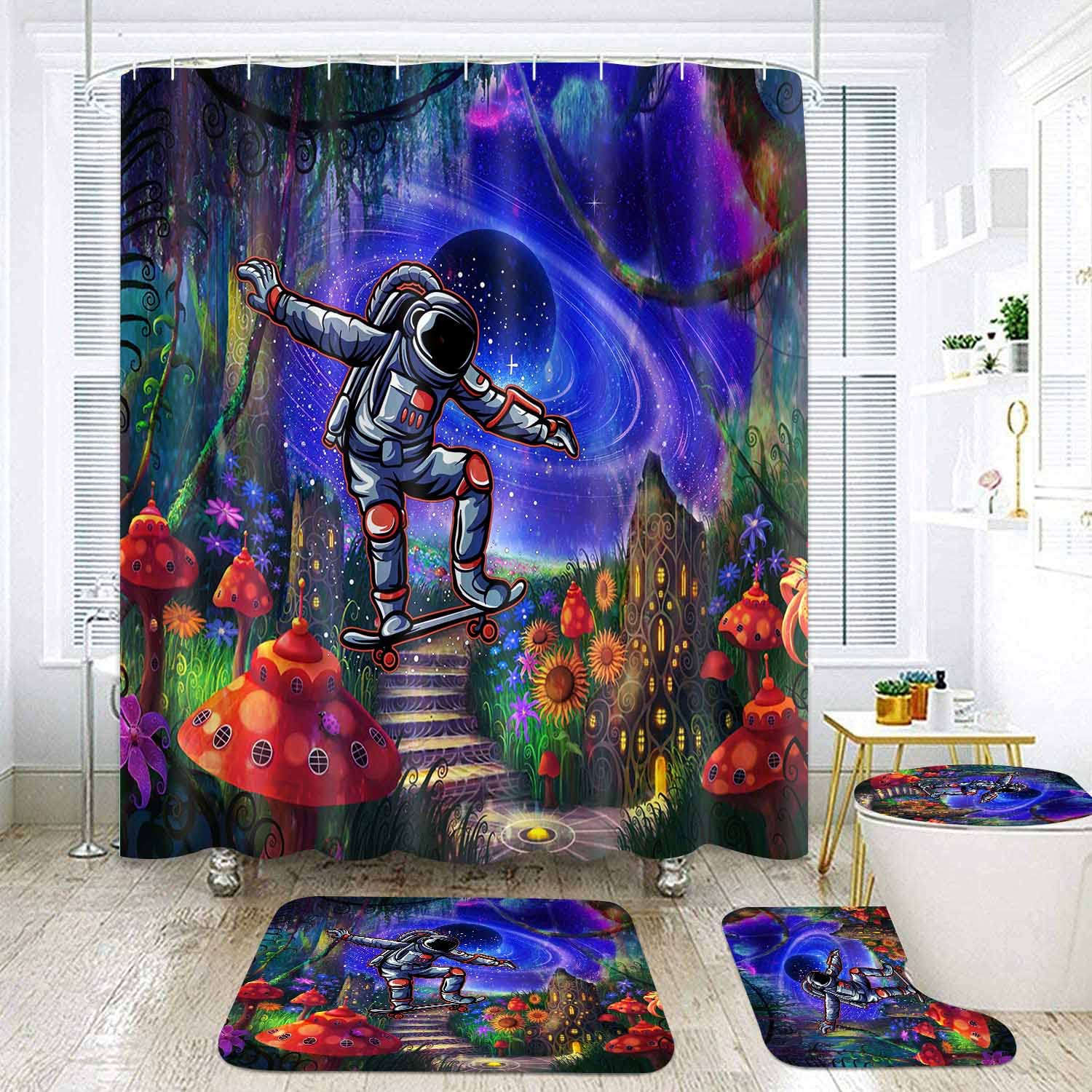 Astronaut Fantasy Space Mushroom Fabric 4 PCS Shower Curtain Sets Universe Planet House Castle Green Vine Curtains Sets with Rugs, Toilet Lid Cover, Bath Mat Bathroom Decor SETYYNT7