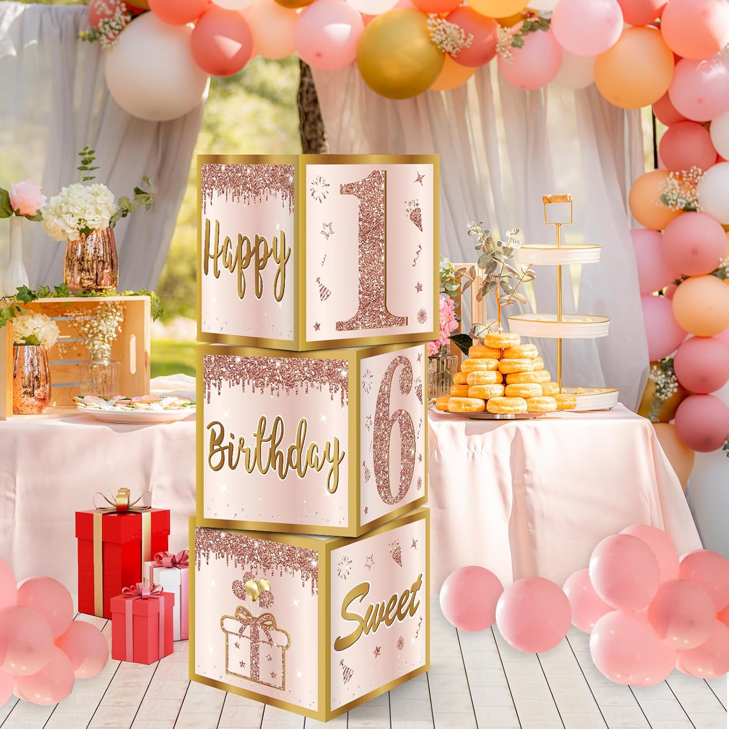 Guiruiy 3Pcs Sweet 16 Party Decorations Boxes for Girls Women, Pink Rose Gold 16th Birthday Balloons Boxes Party Supplies, Pink Sweet Sixteen Bday Theme Cardboard Box Decor