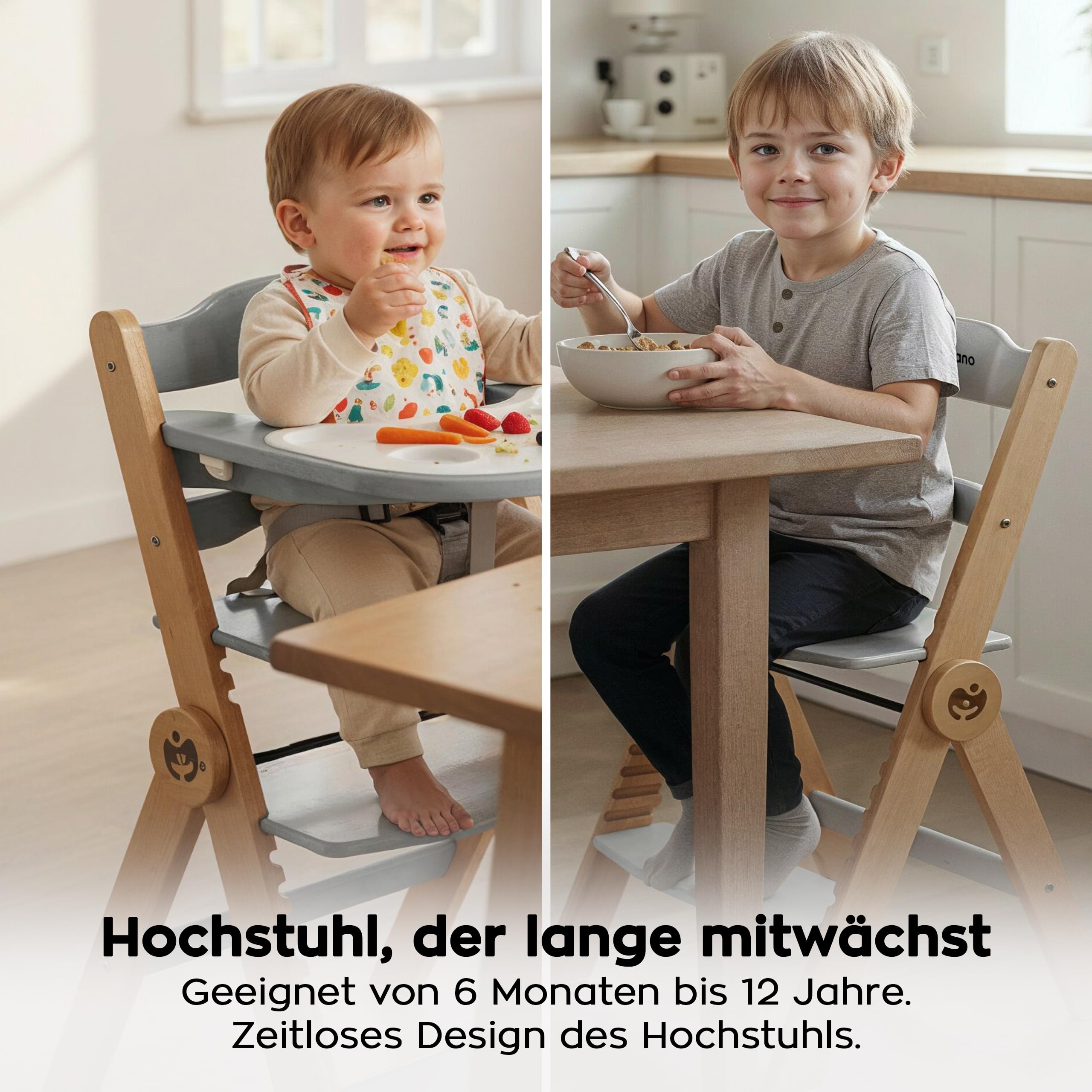 Tulano Morsel 45 Babyhochstuhl 4in1 aus Holz - Klappbar & mitwachsend | 3-Punkt-Gurt - Schutzbügel - Essbrett spülmaschinenfest - Rutschfeste Füße - 6 Monate bis 12 Jahre - Bis 40 kg - Grau