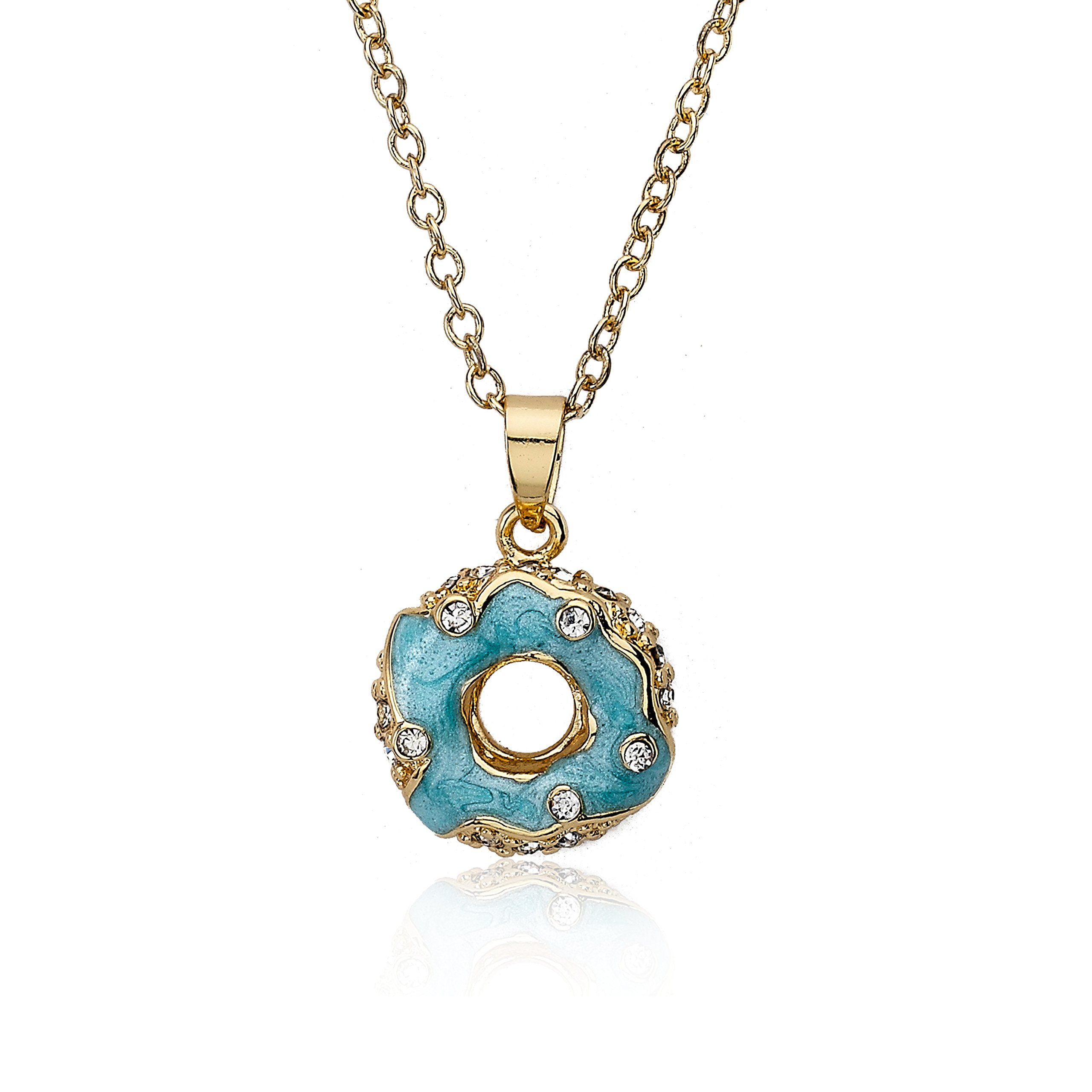 Molly Glitz Sparkle Sweet 14k Gold-Plated Crystal Studded Marbleized Light Blue Donut Pendant Necklace 14"/2"
