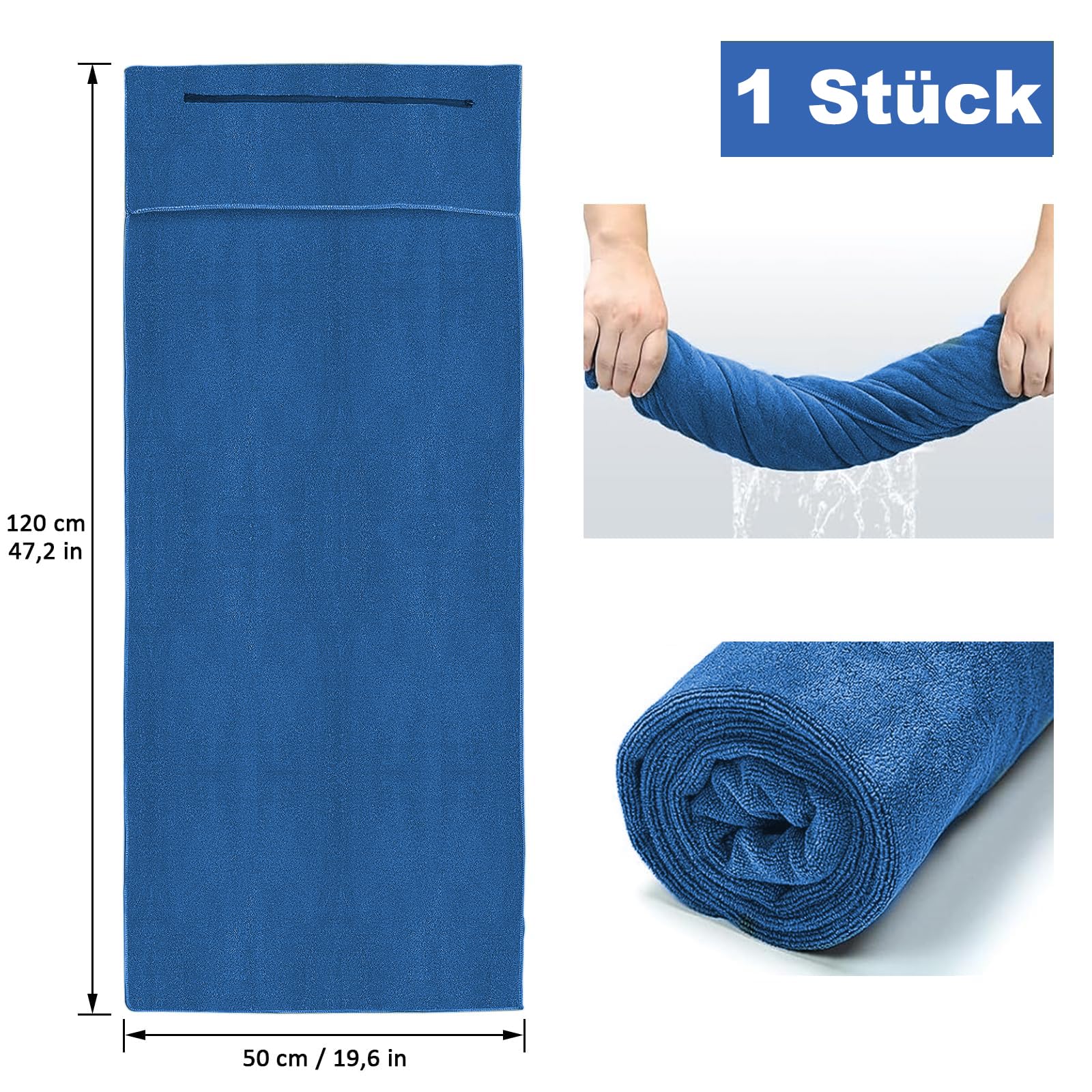 Asciugamano Palestra In Microfibra 120x50cm | Con Tasca Con Cerniera | Antiscivolo E Antibatterico - Foto 4