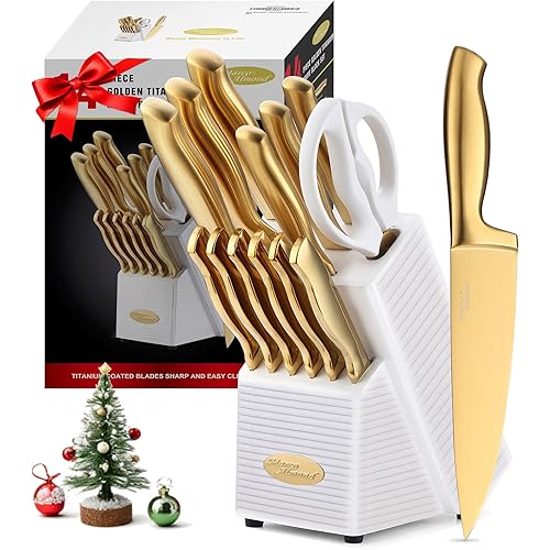 Marco Almond® Gold Knife Set, Knife Block Set MA21,Titanium Coated 14 Pieces Stainless Steel Chef Gold Kitchen Knife Sets with White Block