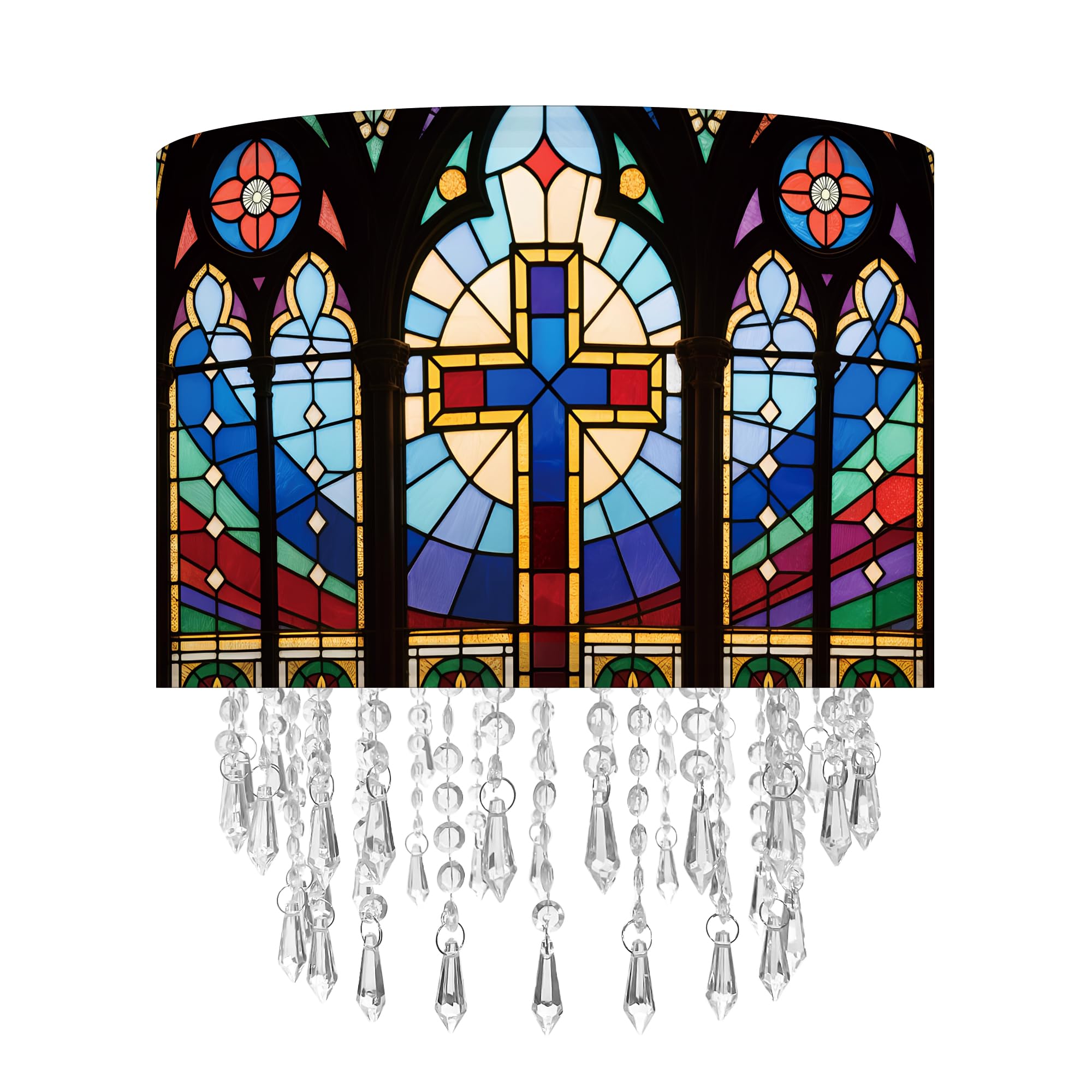 Cross Stained Glass Light Shade with Acrylic Bead Droplets, Drum Fabric Lampshade for Ceiling Pendant Table & Floor Lamps, Religious Christian Jesus Prayer Gift, 30cm