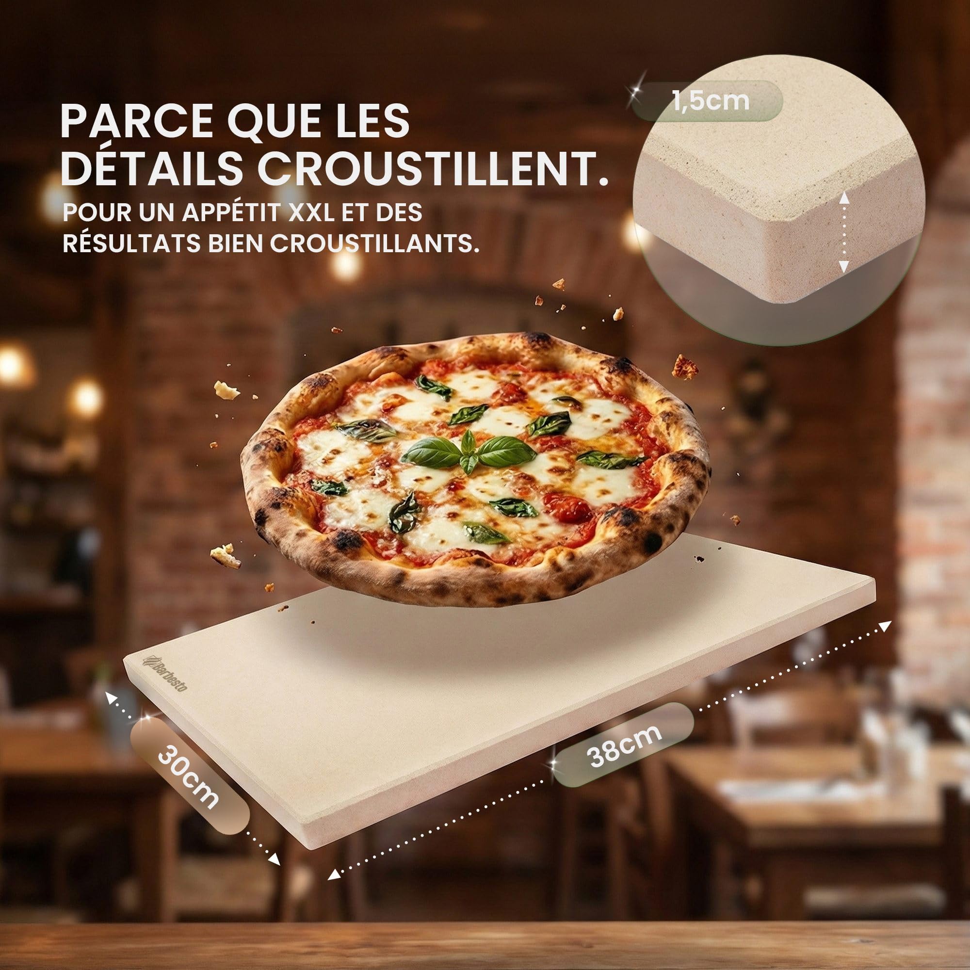 CLP Pierre à pizza pour four et grill 38x30 cm, en cordiérite, résistante jusqu'à 900°C, avec livre de recettes, Taille:38x30 cm