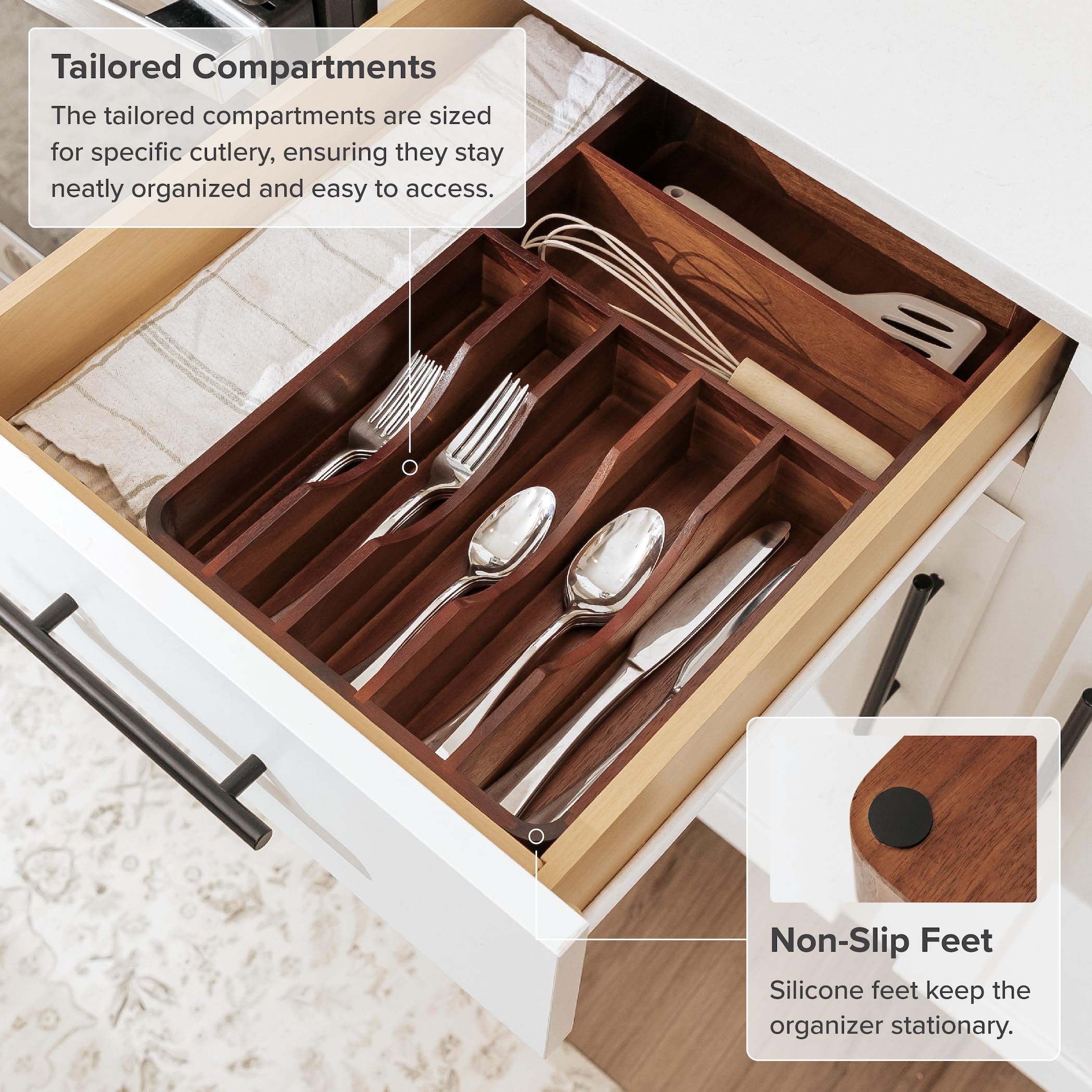 Organizador de cubiertos, cubiertos y utensilios para cajones de cocina, fijo de 10.5 pulgadas de ancho, 7 compartimentos de almacenamiento, pies antideslizantes, esquinas redondeadas, 6