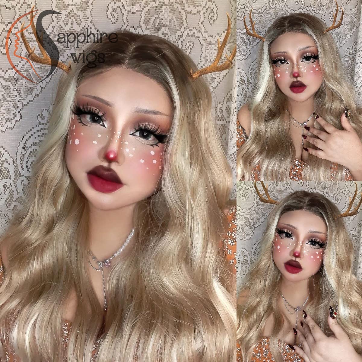 SAPPHIREWIGS 13x4 Blonde Synthetic Lace Front Wigs for Women Glueless Body Wave Wig Highlight Balayage Blonde with Brown Hair Pre Plucked Hairline Daily Cosplay Uses 26 Inches