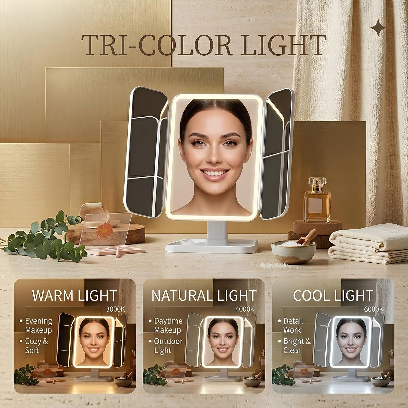 Espejo de Maquillaje LED Plegable, Espejo Cosmético Recargable con Aumento 1X/2X/3X, 3 Modos de Iluminación, Brillo Regulable, Control Táctil(Blush)