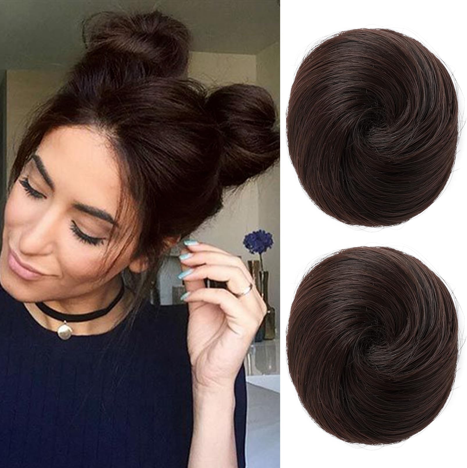 REECHO 2 PCS Mini Claw Clip in Messy & Cat Ears Hair Bun Extensions HB001 Wig Accessory Updo Hairpieces for Women (Pack of 2-3" Straight, Dark Brown)