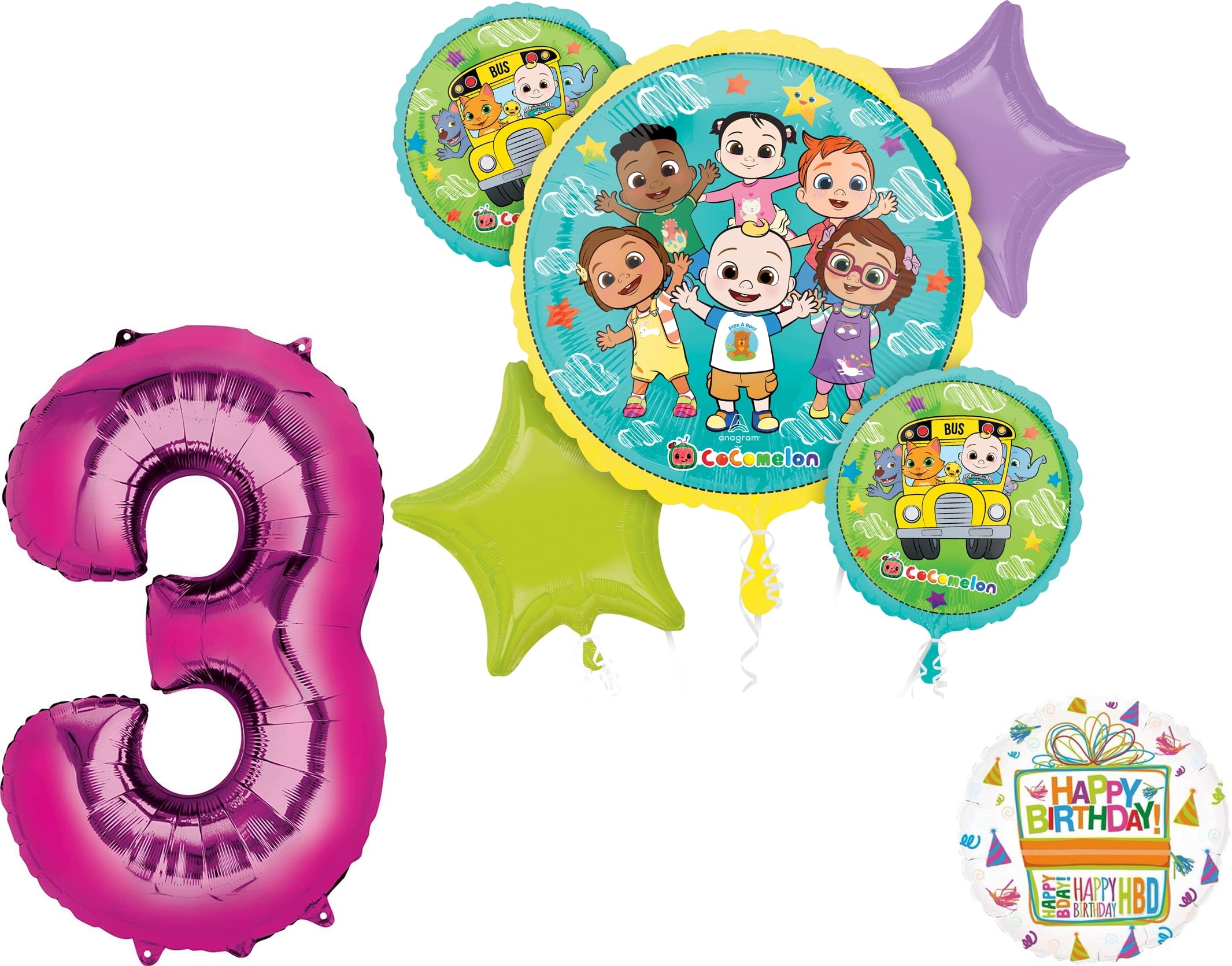 Anagram Cocomelon Girl 3rd Birthday Party Supplies Foil Balloon Bouquet Decorations