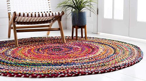 Miniatura 4 de Unique Loom Alfombra Trenzada de la Colección Chindi - Capa (3' 3" Redonda, MulticolorAzul)