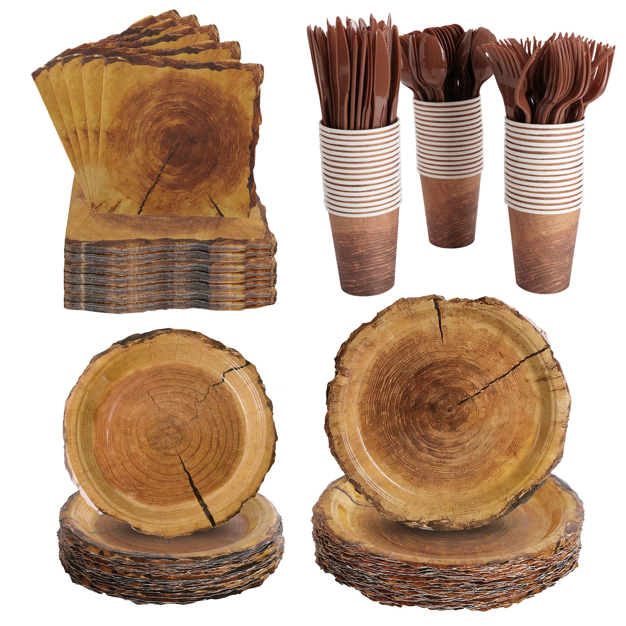400 Pcs Disposable Rustic Wood Grain Slice Tableware Set for 50 Guests