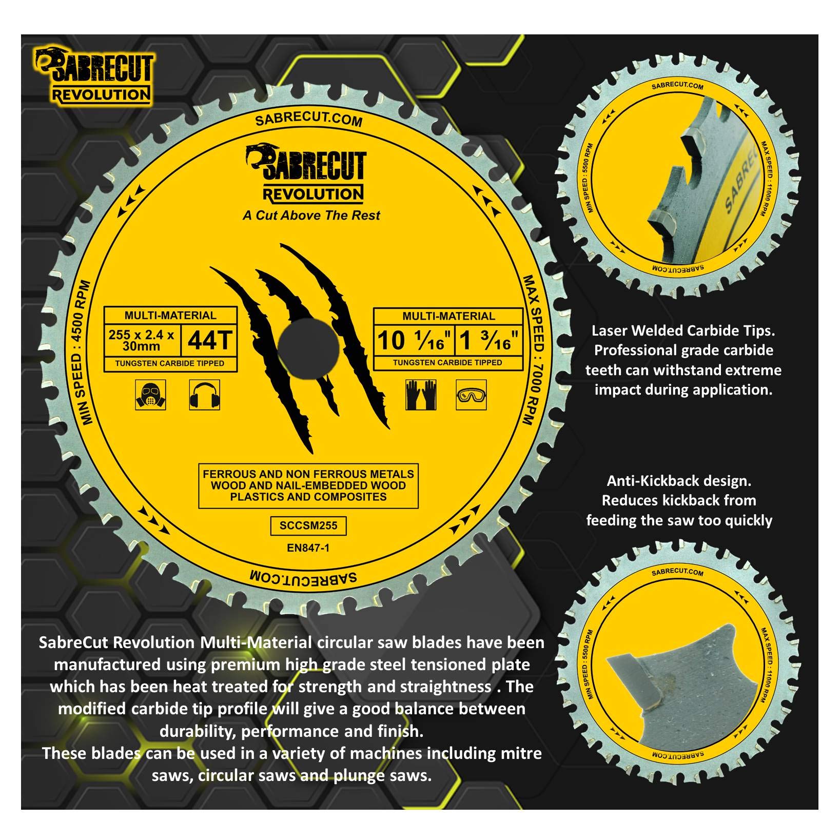 1 x SabreCut SCCSM255_44 255 mm 44 denti x 30 mm 25,4 mm 20 mm 16 mm foro multi-materiale metallo legno plastica lama per sega circolare compatibile con Bosch Dewalt Makita Milwaukee e molti altri