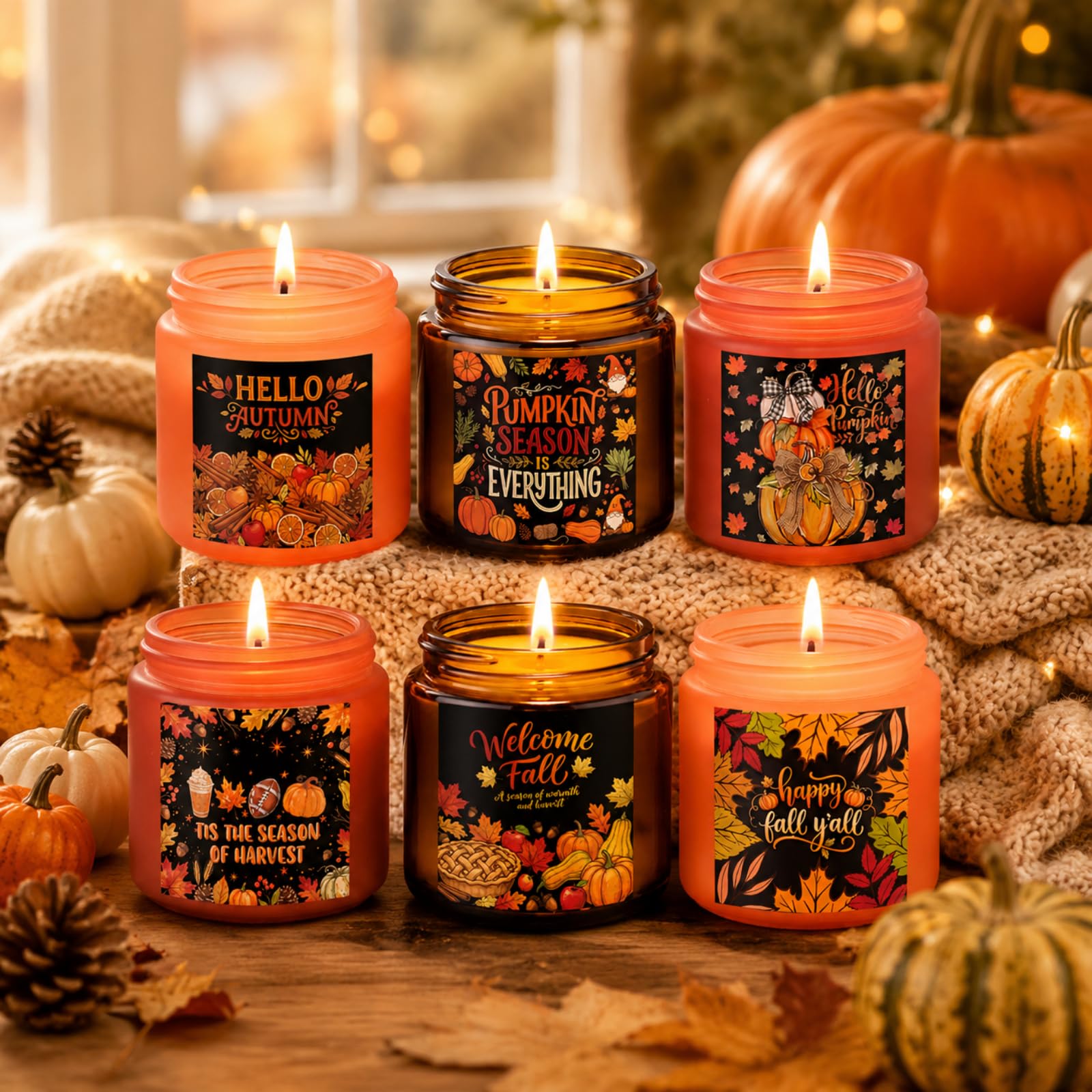 MTLEE Set di 6 candele profumate per la decorazione della casa, cera di soia autunnale, regalo per donne e uomini, profumo autunnale di torta di mele, zucca, vaniglia, cannella, mandarino, zucca erba