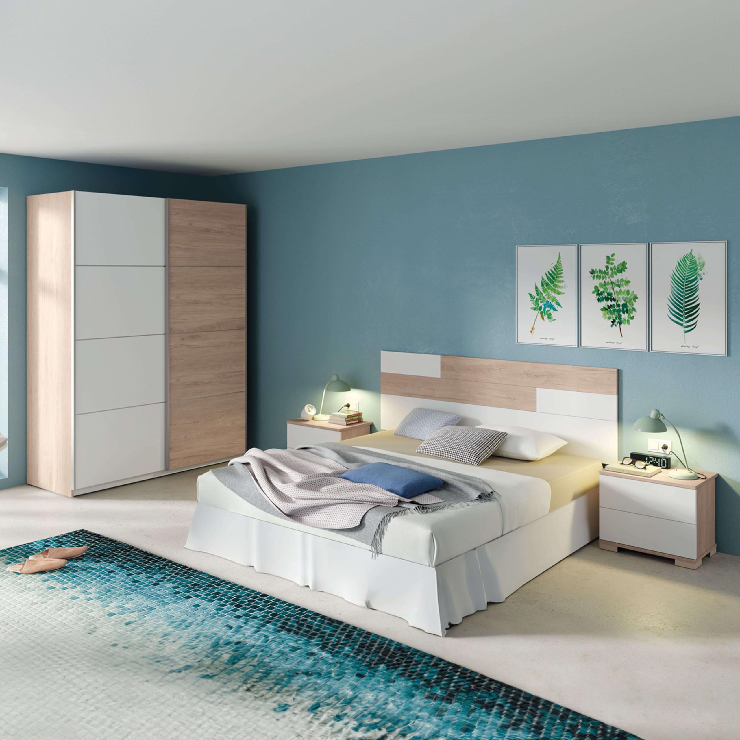 Miroytengo Pack Habitación Matrimonio Onix Blanco Y Roble Camas 150 cm (cabecero+mesitas+Armario)