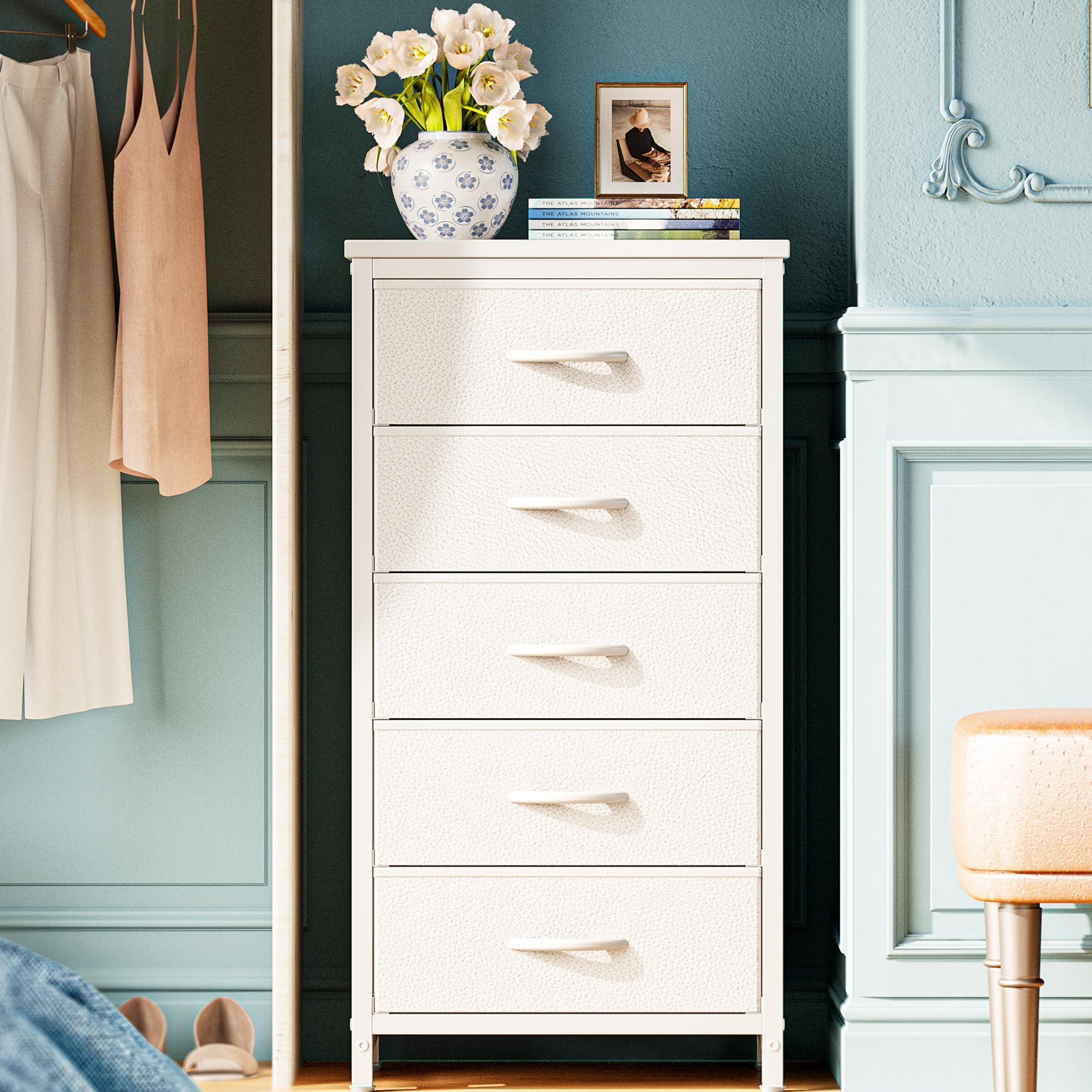Huuger Tall Dresser for Bedroom, 5 Drawer Dresser & Chests of Drawers, for Closet, Bedroom, Night Stand, End Table with Metal Frame, Storage Tower with Fabric Bins, PU Leather, White