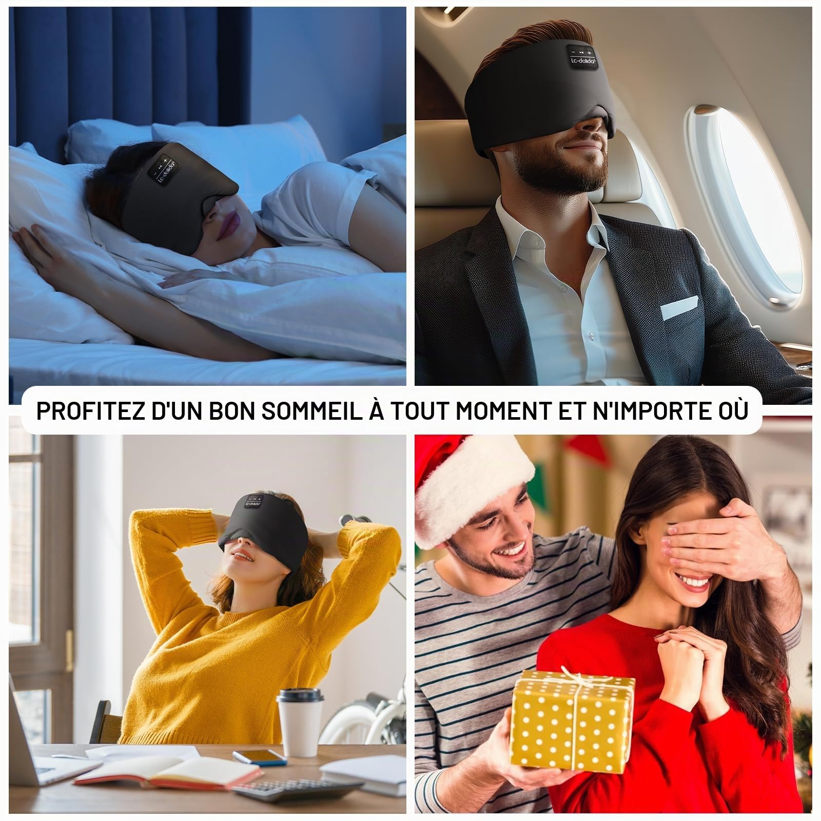 LC-dolida Masque de sommeil Bluetooth, casque de sommeil élargi amélioré avec casque sans fil intégré pour homme et femme, casque de sommeil réglable pour les personnes dormant sur le côté, cadeau de