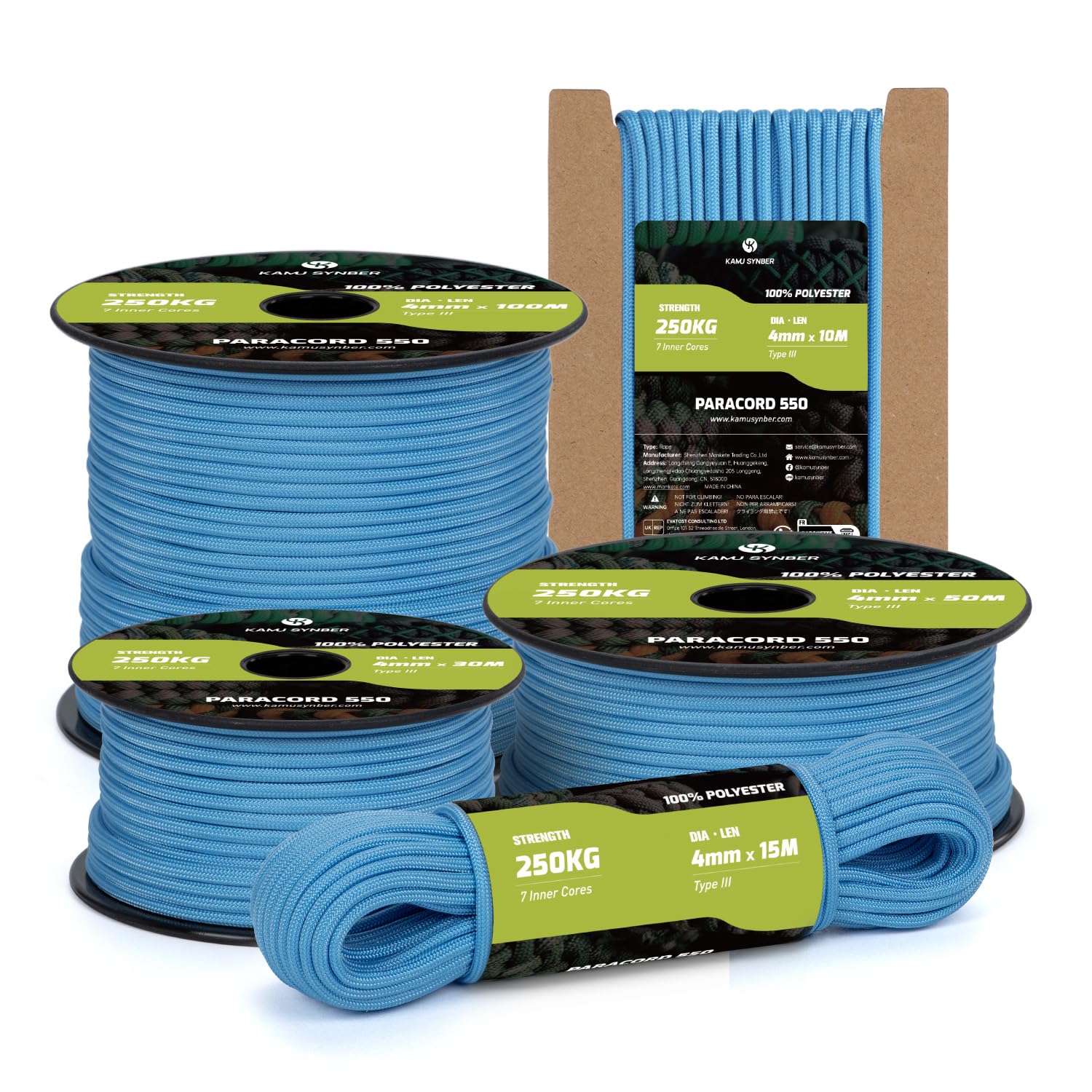 Kamu Synber Paracord 550 Tipo III 4mm 15m 7 Hebras 100% Poliéster Cuerda para Camping, Supervivencia, Correa de Perro, Collar, Pulsera | Soporta 250kg | Ejercito Verde — view 8