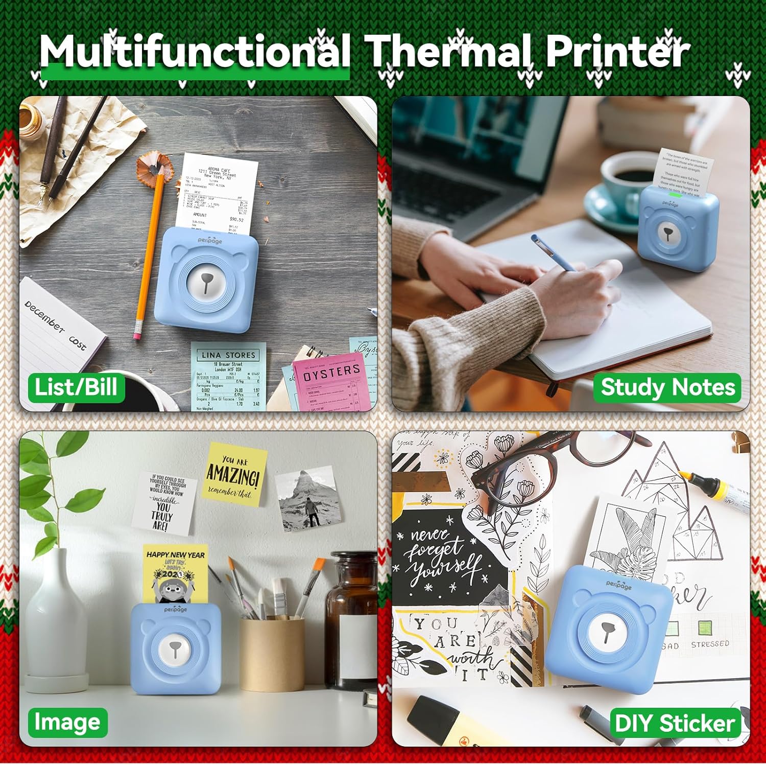 Collage showing the PeriPage A6 Mini Printer's multifunctional capabilities: printing lists/bills, study notes, images, and DIY stickers.