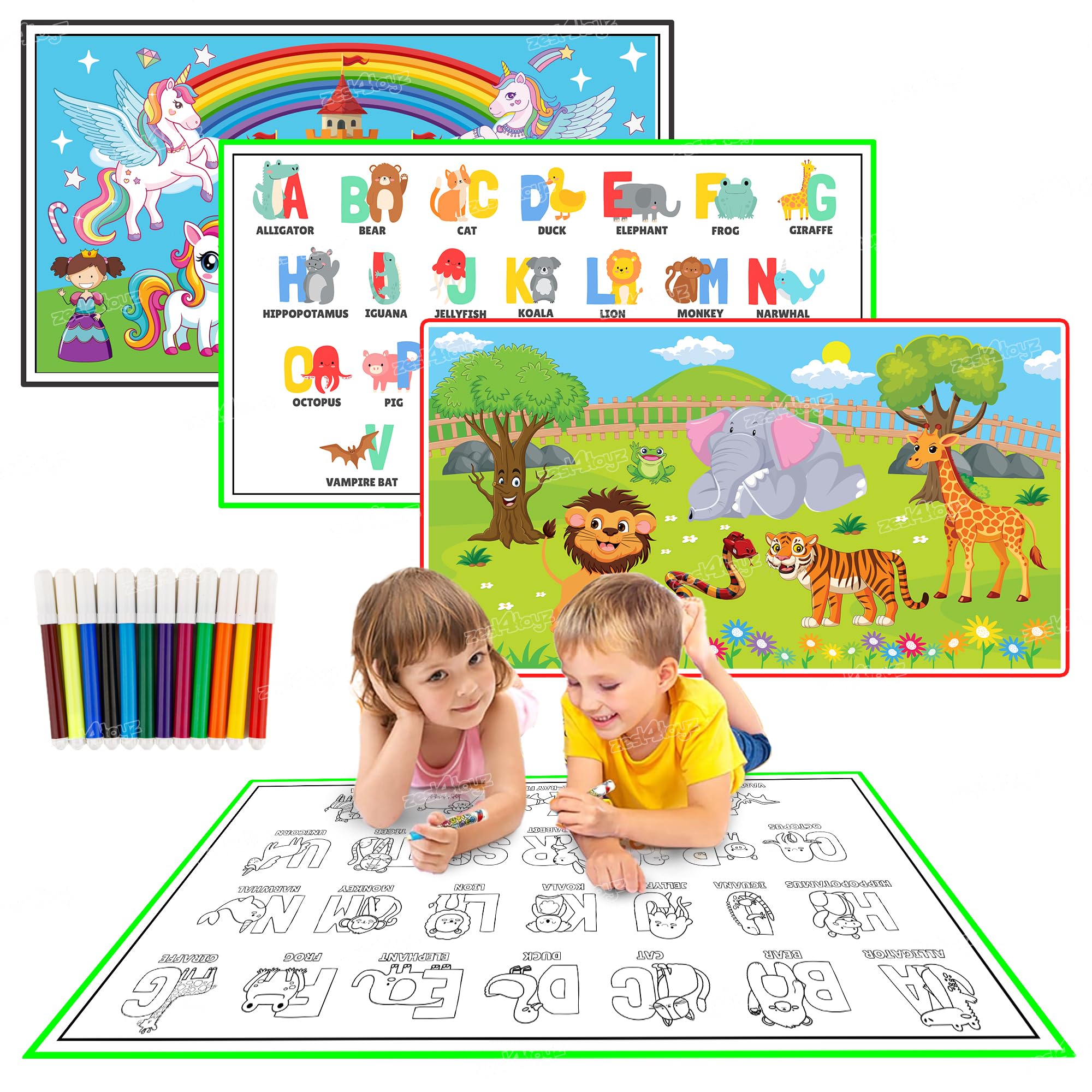 Zest 4 Toyz DIY Coloring Mat for Kids Art and Craft Reusable & Washable Sketch Drawing Mats Educational Alphabets and Animal with12 Color Sketch Pens for Boys & Girls (Pack of 3)-image-23