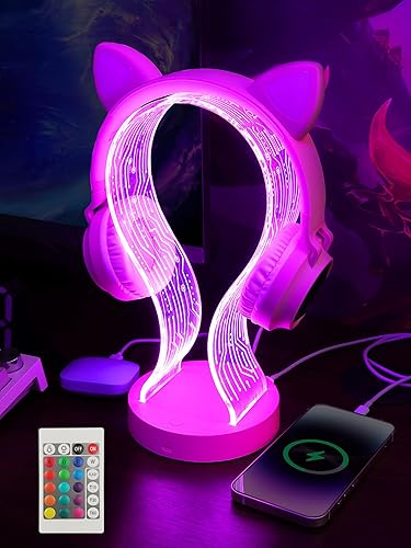 YuanDian Pink Headphone Stand, with 1 USB Charging Port and 1 Type-C Charging Ports, Desk Gaming Headset Holder, 16 Changing Colors with Remote, Gift for Gamers Girl and Music Lovers - pink