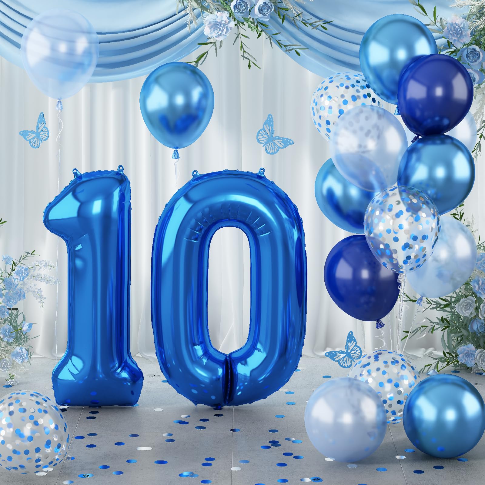 Dark Blue Number 10 Balloon, Large 40 Inch with Metallic Light Navy Blue Silver Confetti, Self Inflating Helium Foil One Balloon for Boys 10th