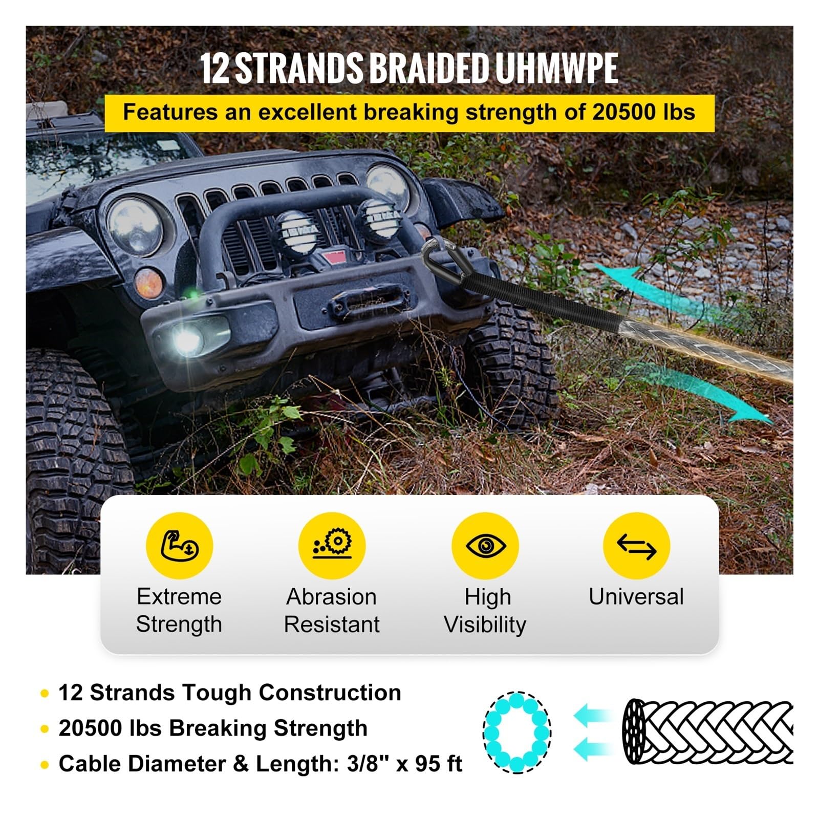 29M Syntetyczna Wciągarka Lina Holownicza Samochód 4x4 Akcesoria Off Road Pasek Przyczepy Siła Zrywająca Maks. 20500LBS Dla Pojazdu ATV SUV Solidna I Niezawodna